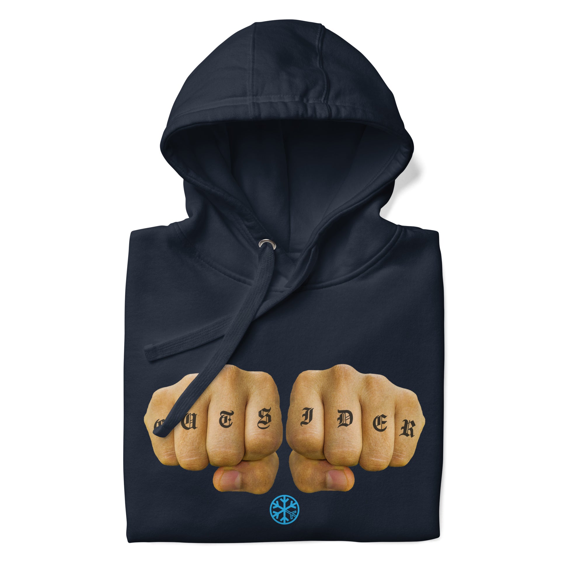 Navy-Outsider Tattoo Hoodie from B.Different Clothing, folded, graffiti-inspired streetwear