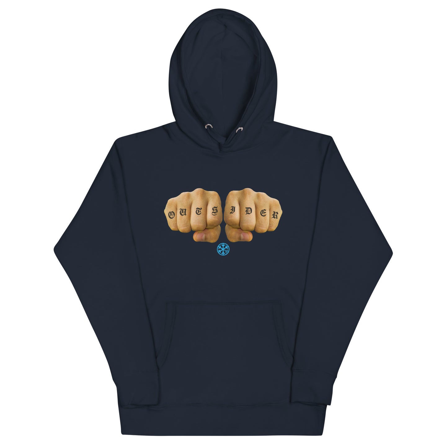 Navy-Outsider Tattoo Hoodie from B.Different Clothing, front view, graffiti-inspired streetwear