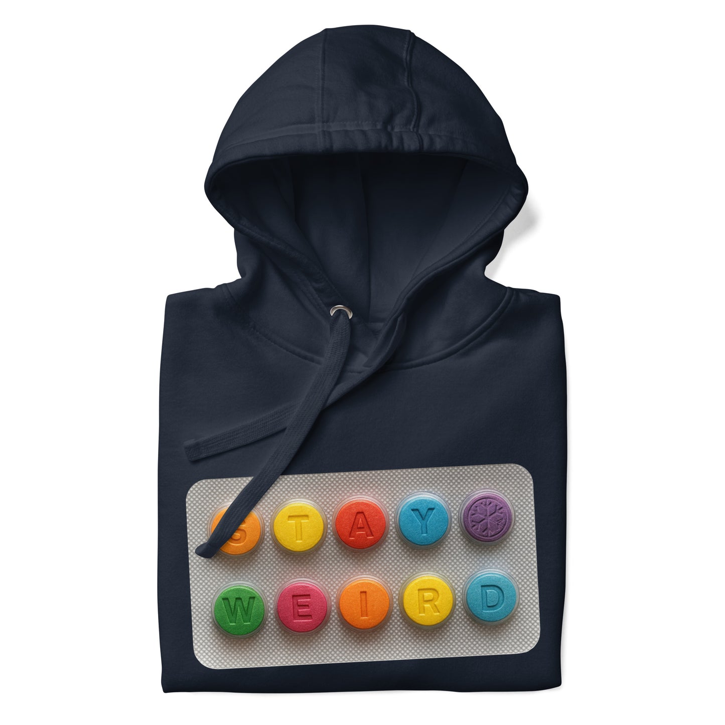 Navy-Stay Weird Pills Hoodie from B.Different Clothing, folded, graffiti-inspired streetwear