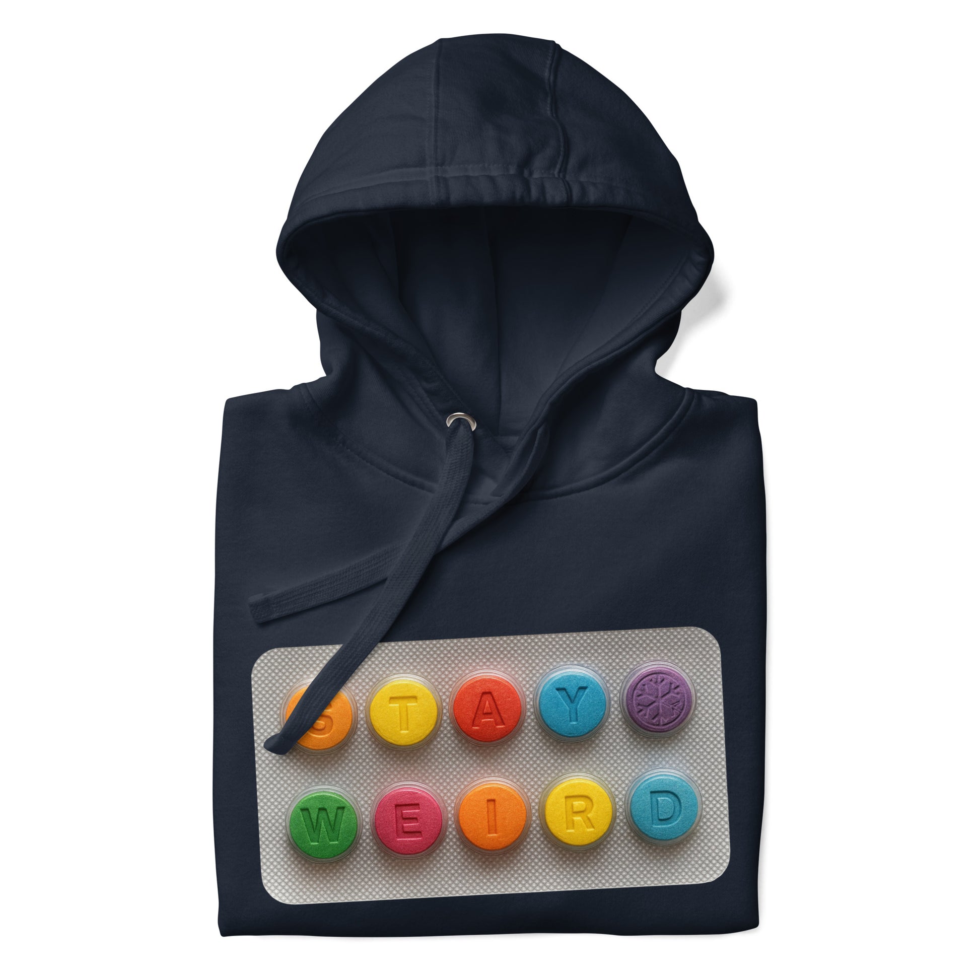 Navy-Stay Weird Pills Hoodie from B.Different Clothing, folded, graffiti-inspired streetwear