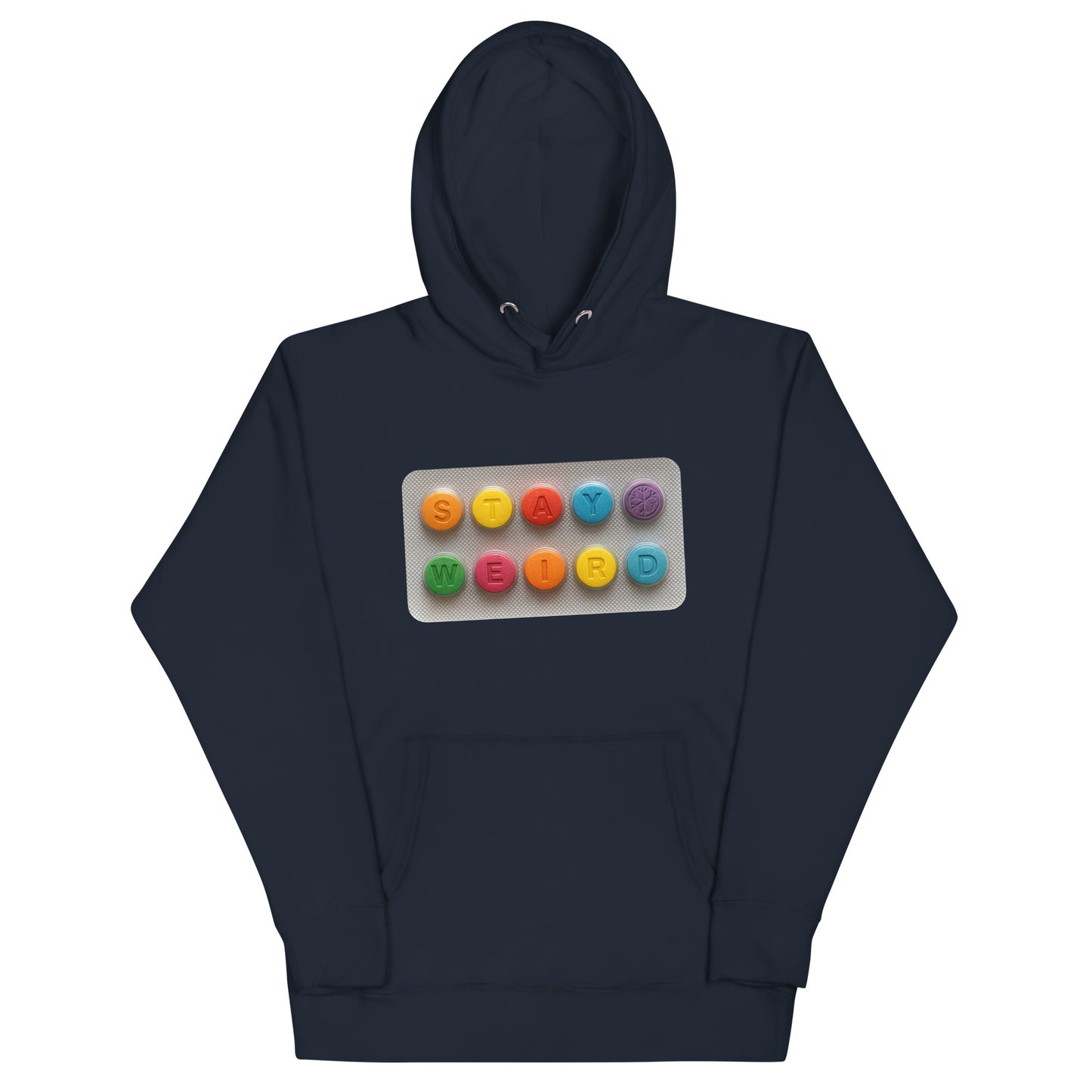 Navy-Stay Weird Pills Hoodie from B.Different Clothing, front view, graffiti-inspired streetwear