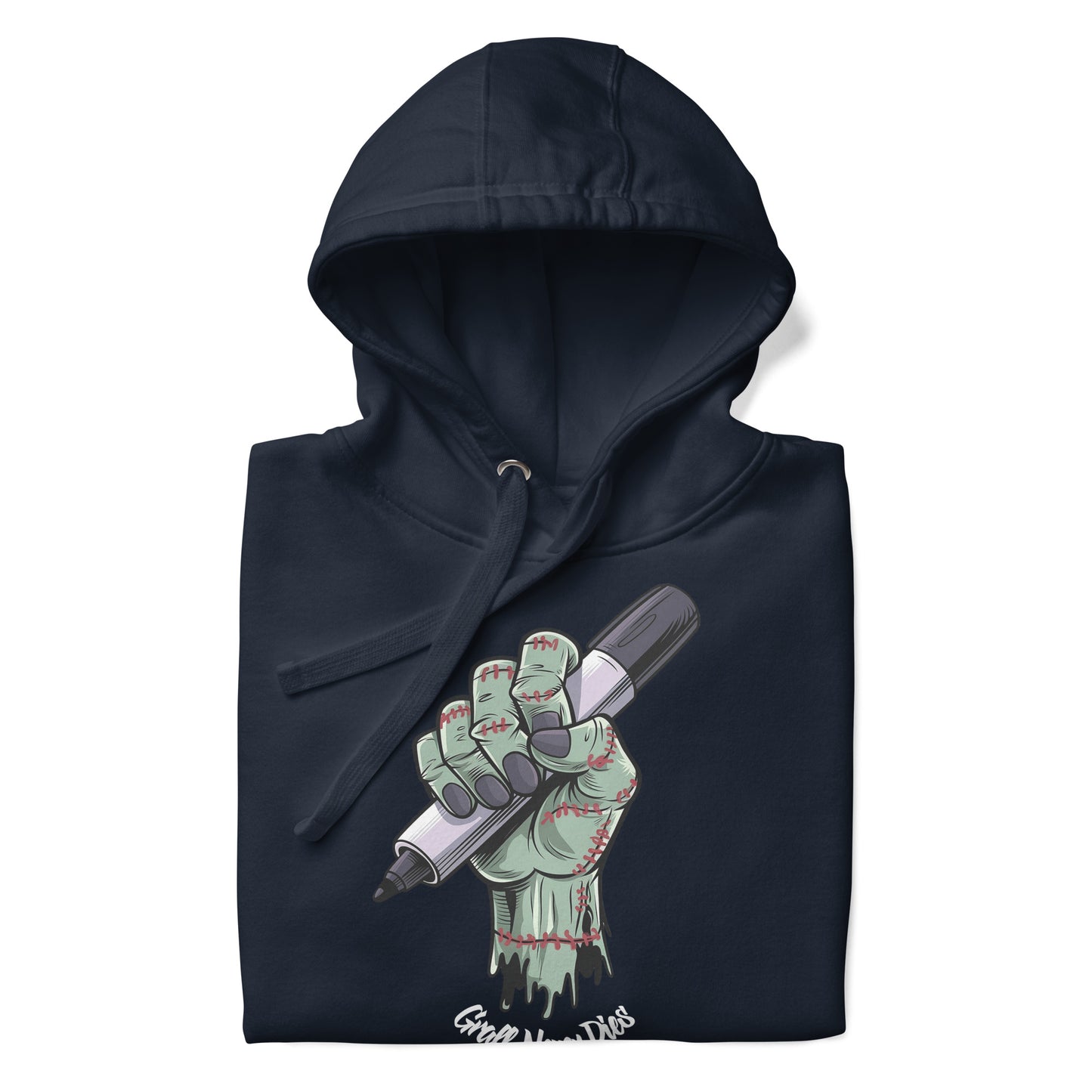Navy-Thing Graffiti Hoodie from B.Different Clothing, folded, graffiti-inspired streetwear