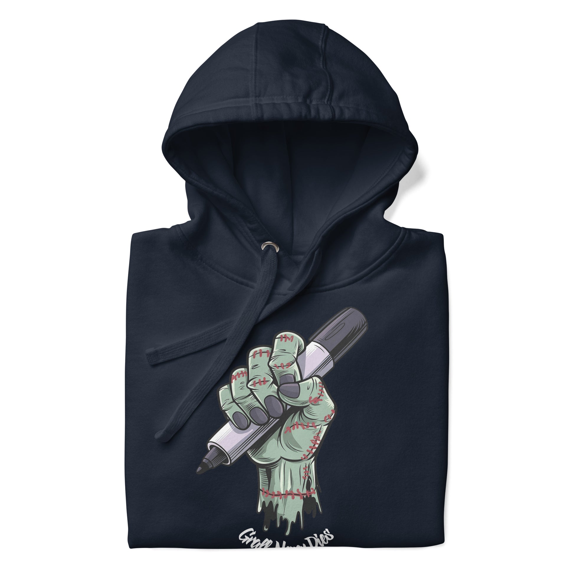 Navy-Thing Graffiti Hoodie from B.Different Clothing, folded, graffiti-inspired streetwear