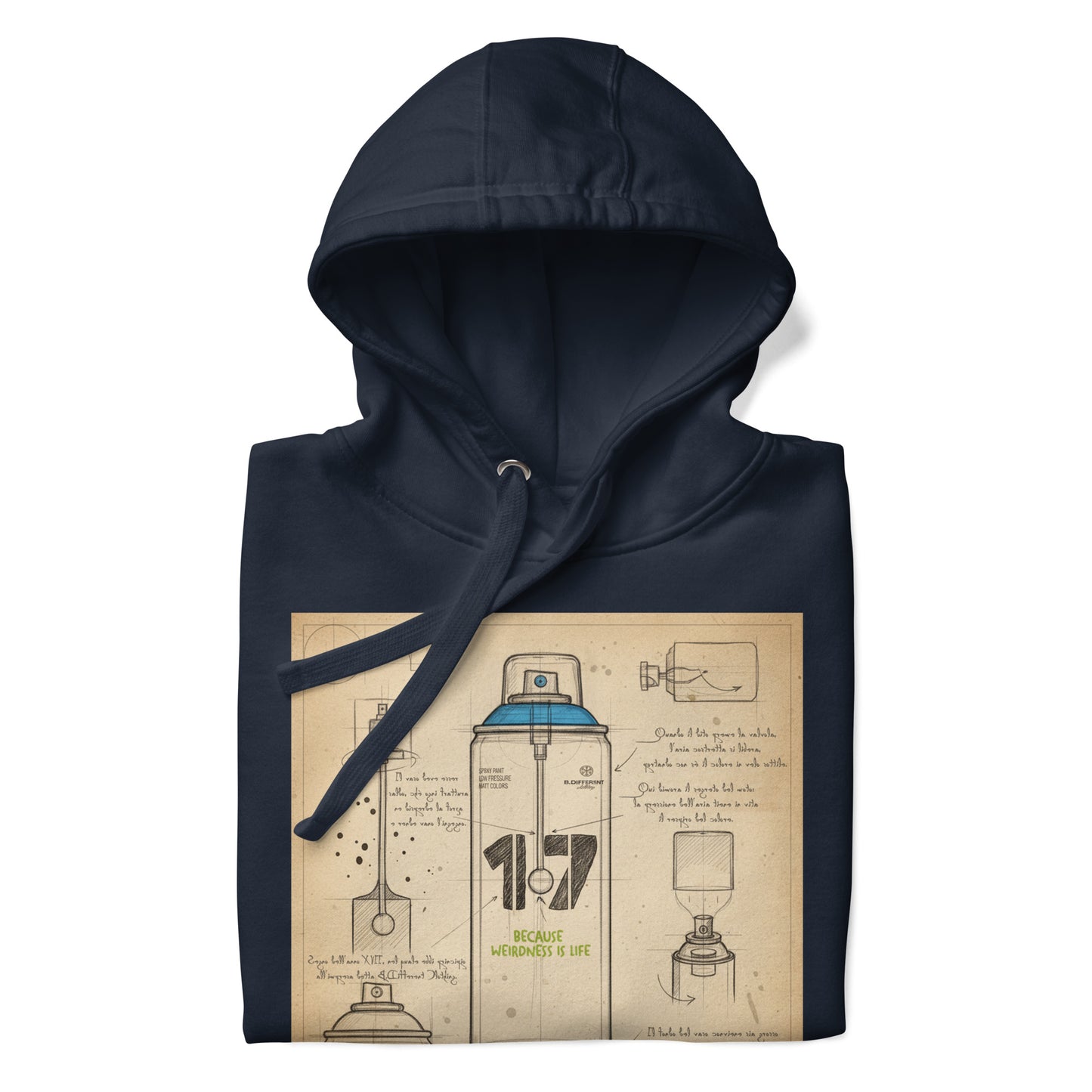 Navy-Spray Can Sketch Graffiti Hoodie from B.Different Clothing, folded, graffiti-inspired streetwear