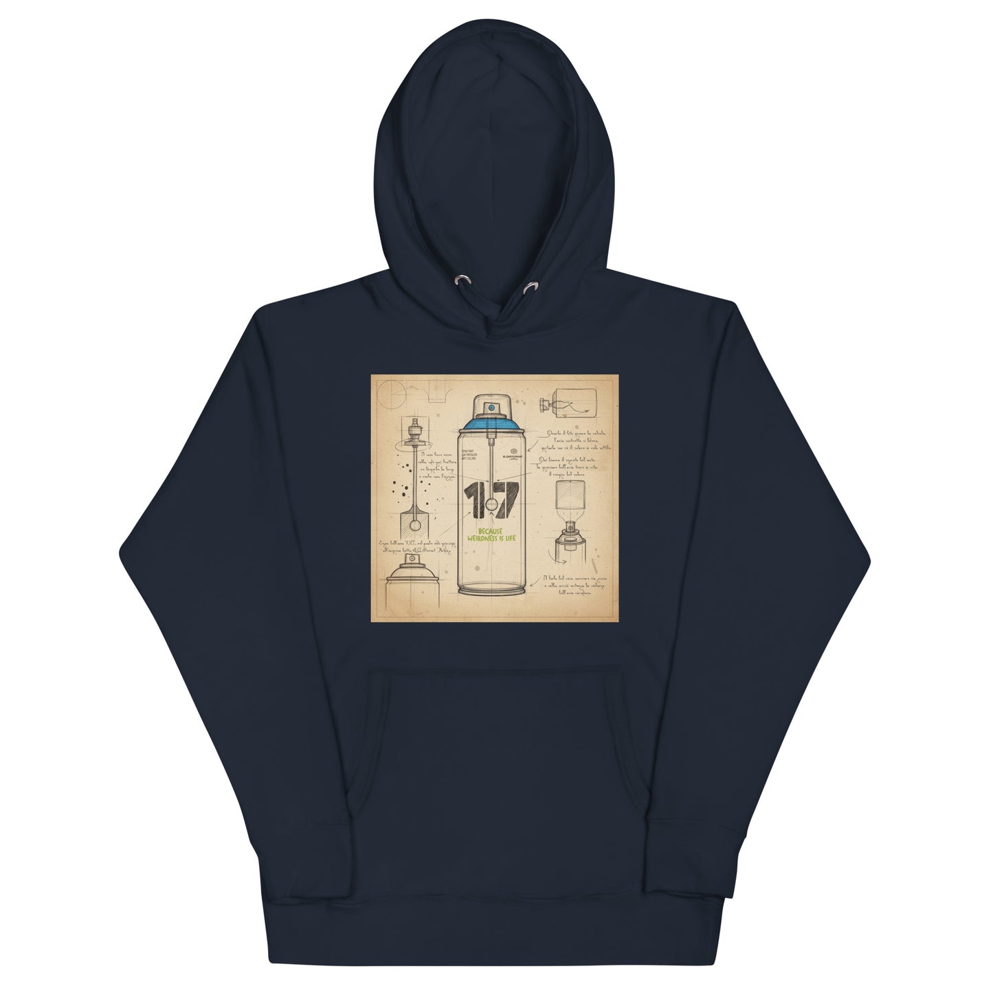 Navy-Spray Can Sketch Graffiti Hoodie from B.Different Clothing, front view, graffiti-inspired streetwear