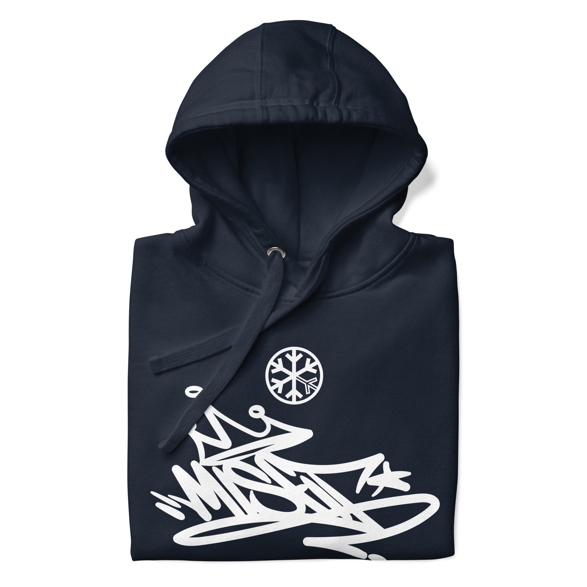 Navy-Misfit Graffiti Tag Hoodie from B.Different Clothing, folded, graffiti-inspired streetwear