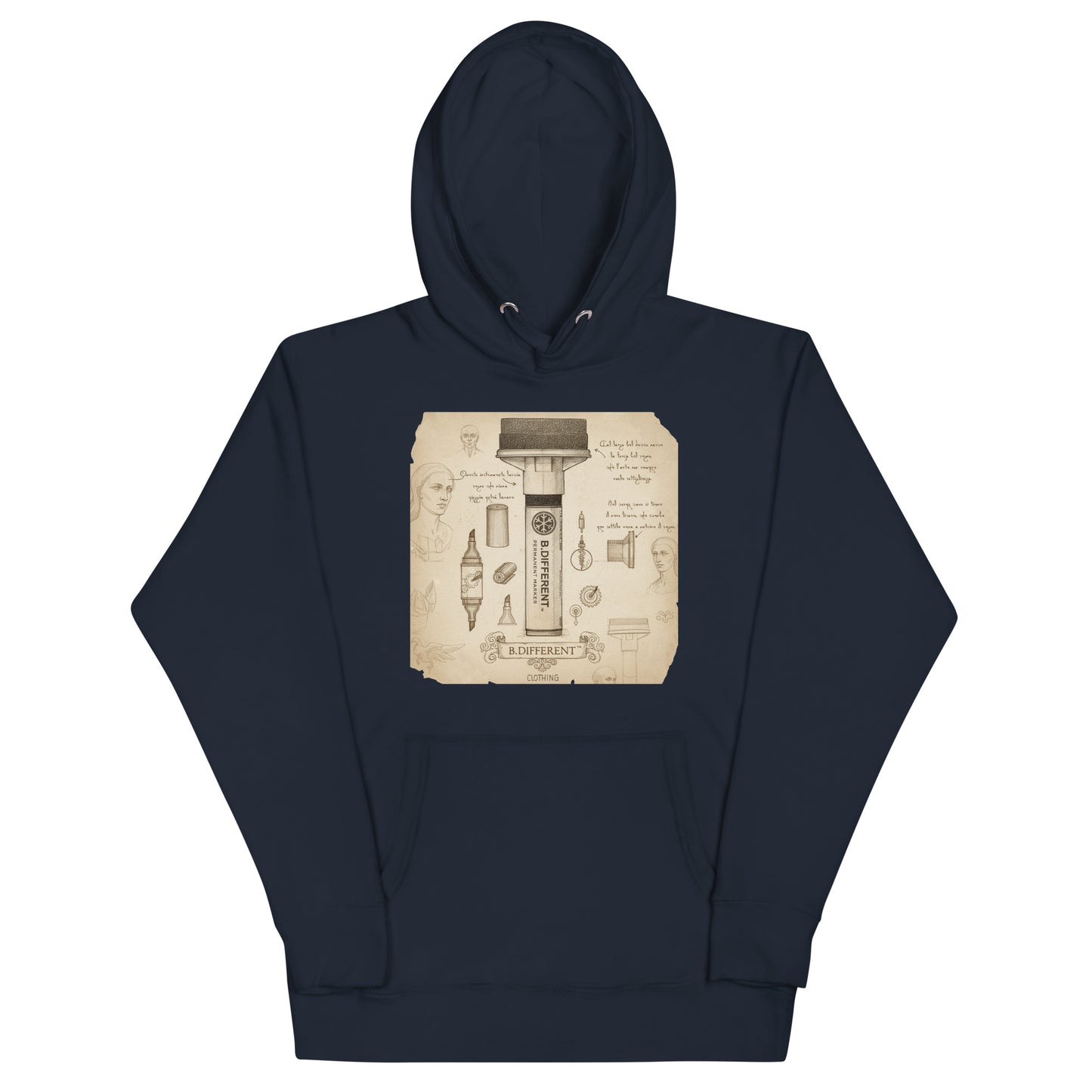 Navy-Marker Sketch Graffiti Hoodie from B.Different Clothing, front view, graffiti-inspired streetwear