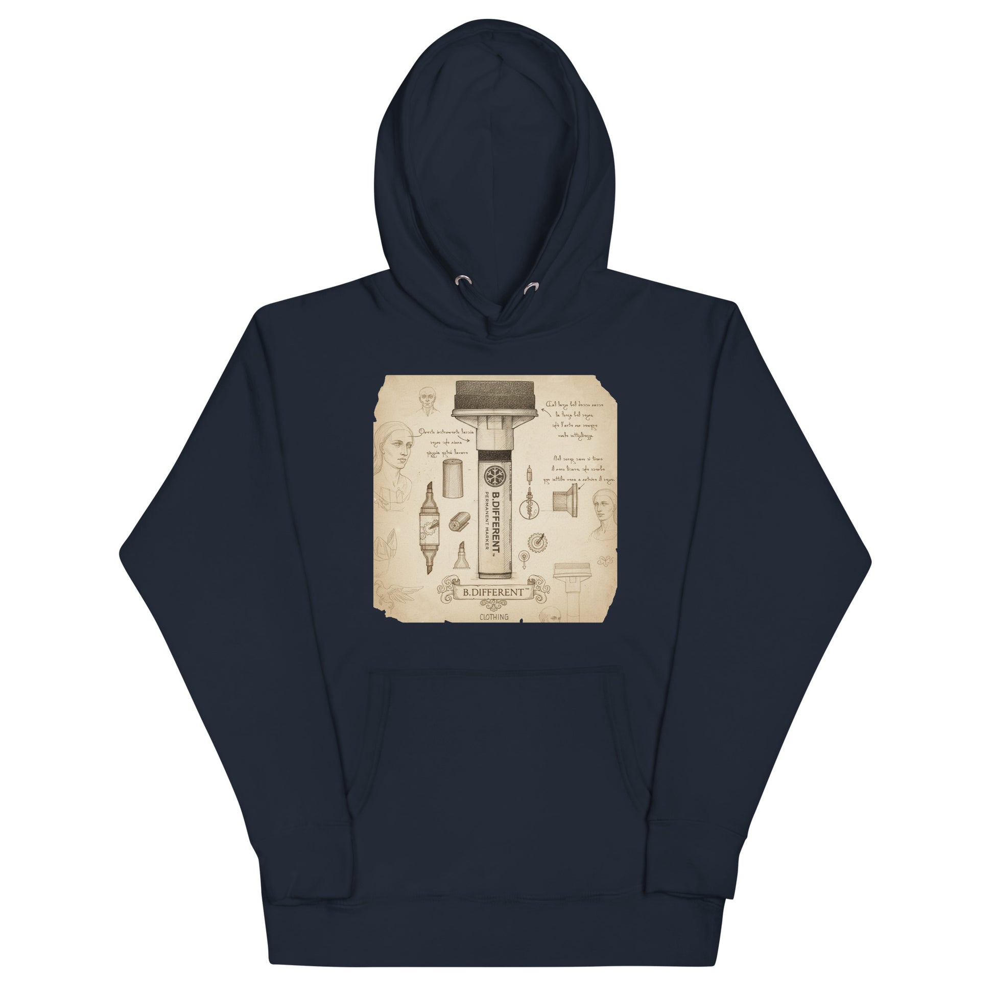 Navy-Marker Sketch Graffiti Hoodie from B.Different Clothing, front view, graffiti-inspired streetwear