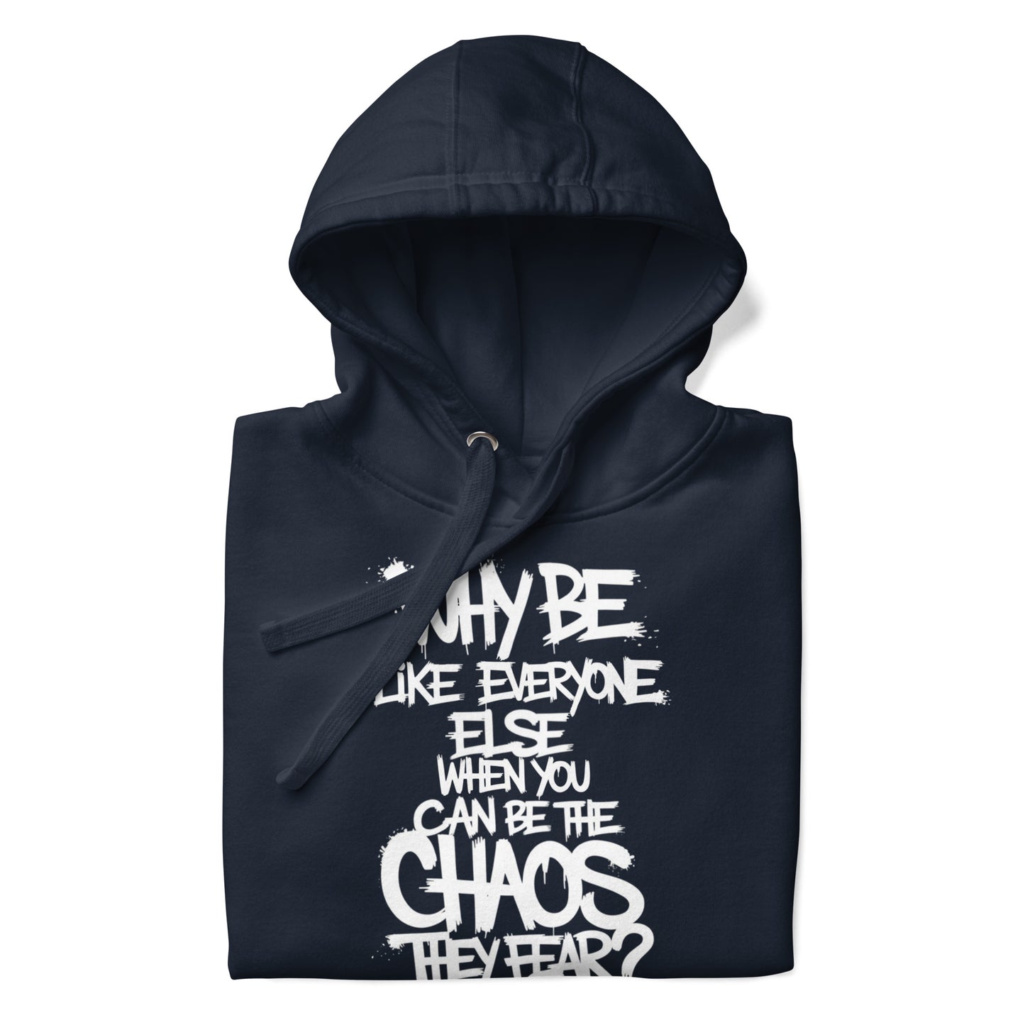 Navy-Chaos They Fear Graffiti Tag Hoodie from B.Different Clothing, folded, graffiti-inspired streetwear