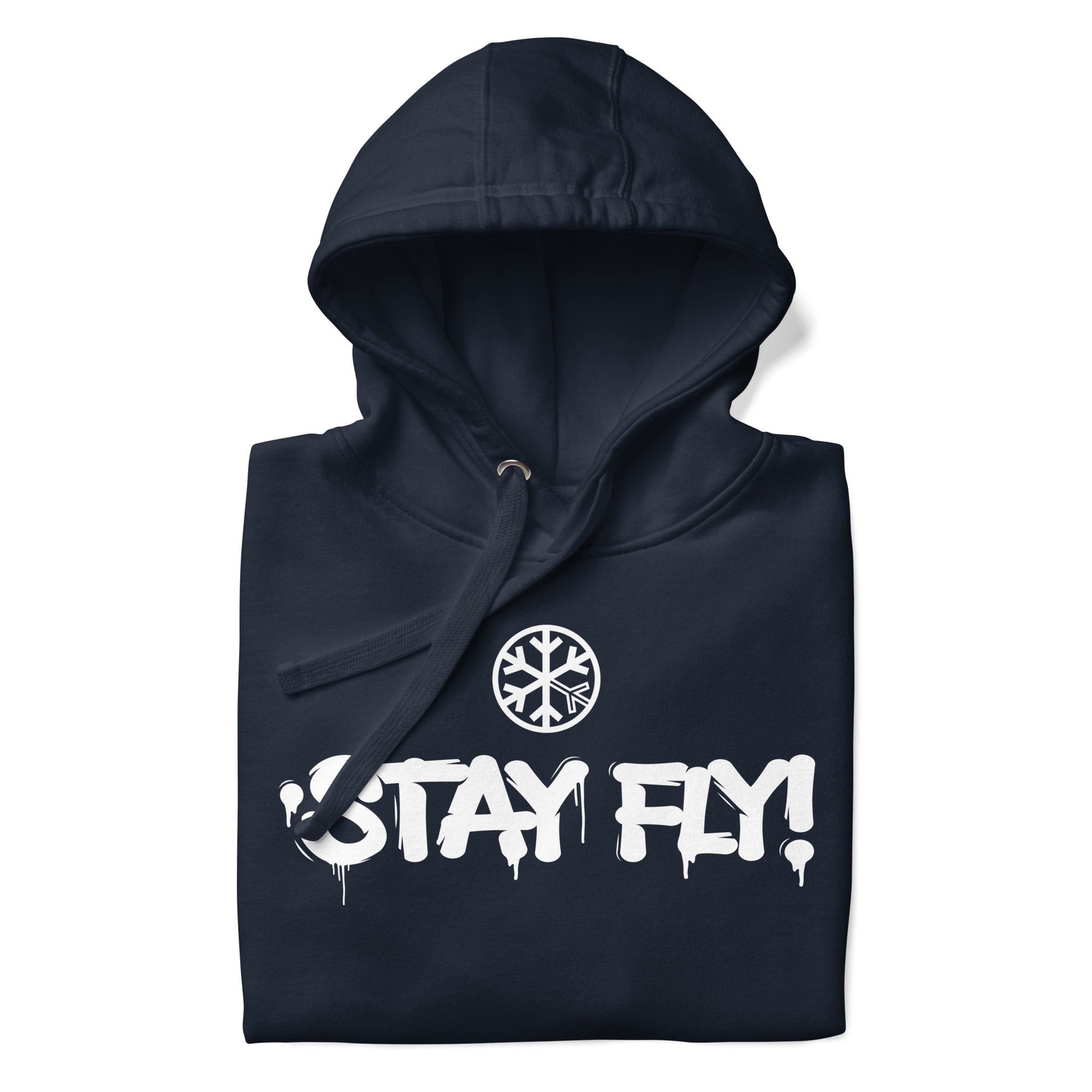 Navy-Stay Fly Graffiti Tag Hoodie from B.Different Clothing, folded, graffiti-inspired streetwear