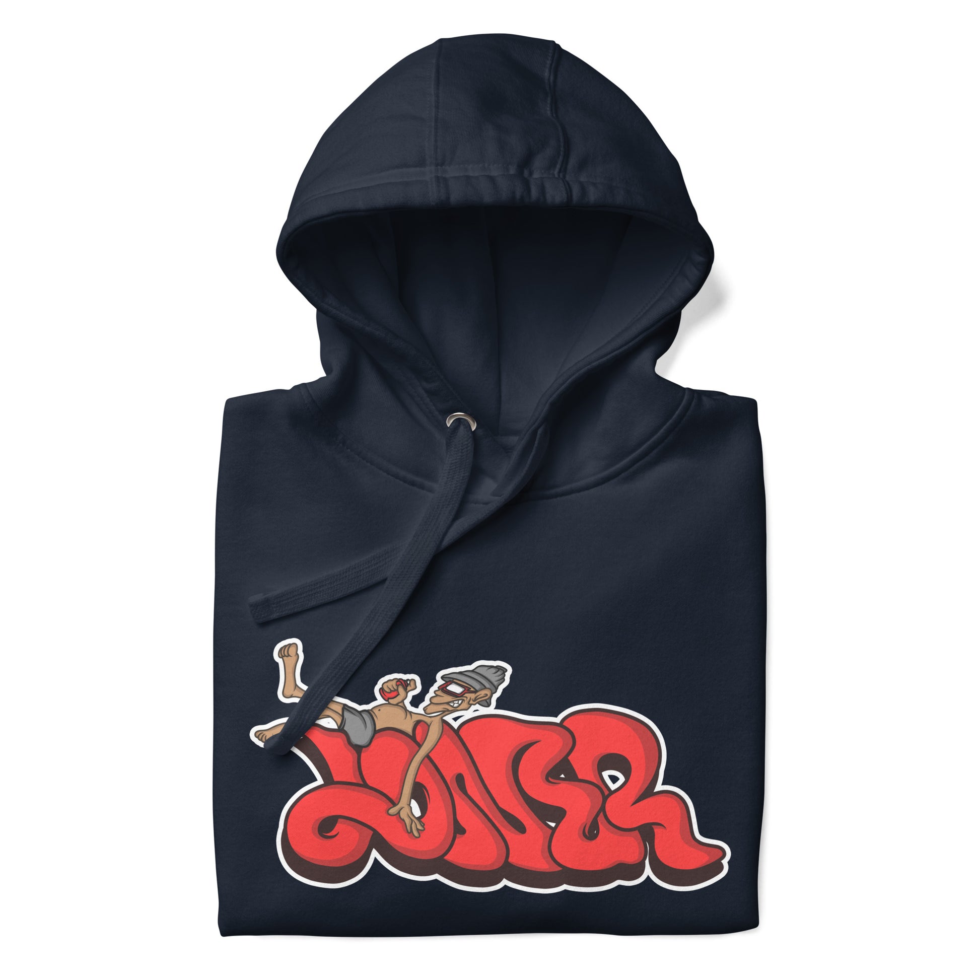 Navy-Loner Graffiti Piece Hoodie from B.Different Clothing, folded, graffiti-inspired streetwear