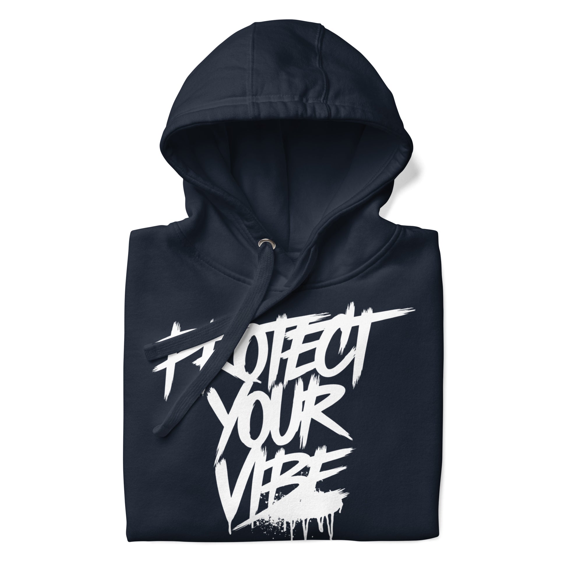 Navy-Protect Your Vibe Graffiti Tag hoodie from B.Different Clothing, folded, graffiti-inspired streetwear