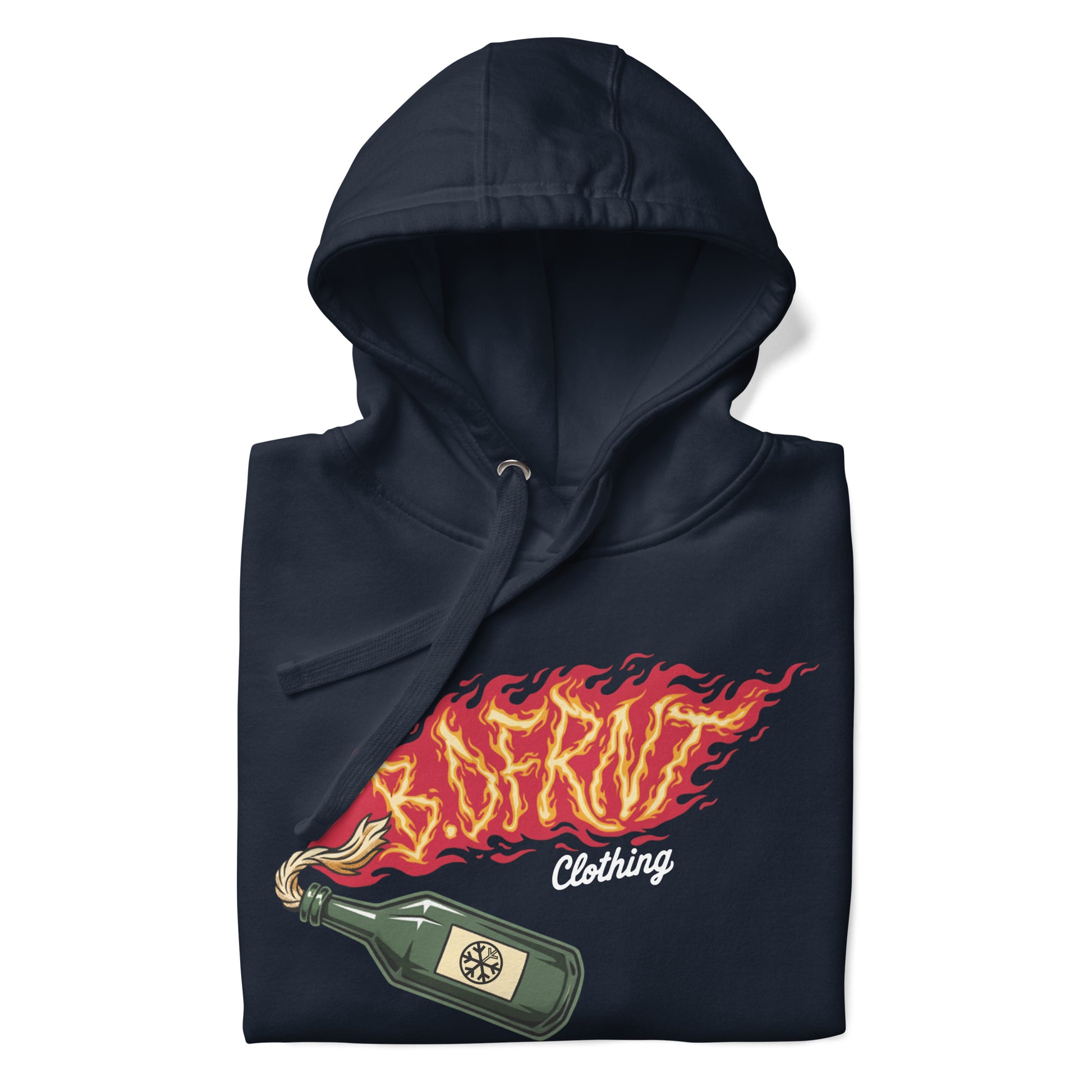 Navy-Molotov Graffiti Hoodie from B.Different Clothing, folded, graffiti-inspired streetwear