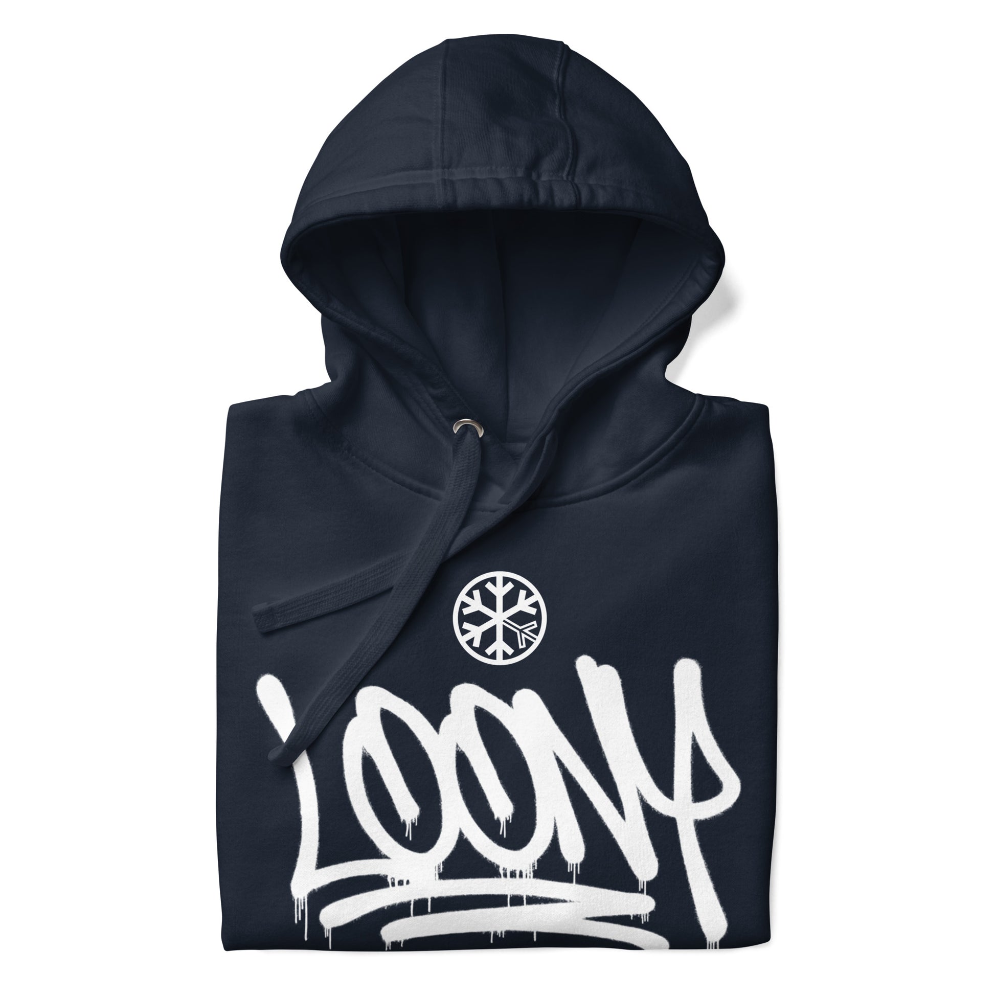 Navy-Loony Graffiti Tag Hoodie from B.Different Clothing, folded, graffiti-inspired streetwear