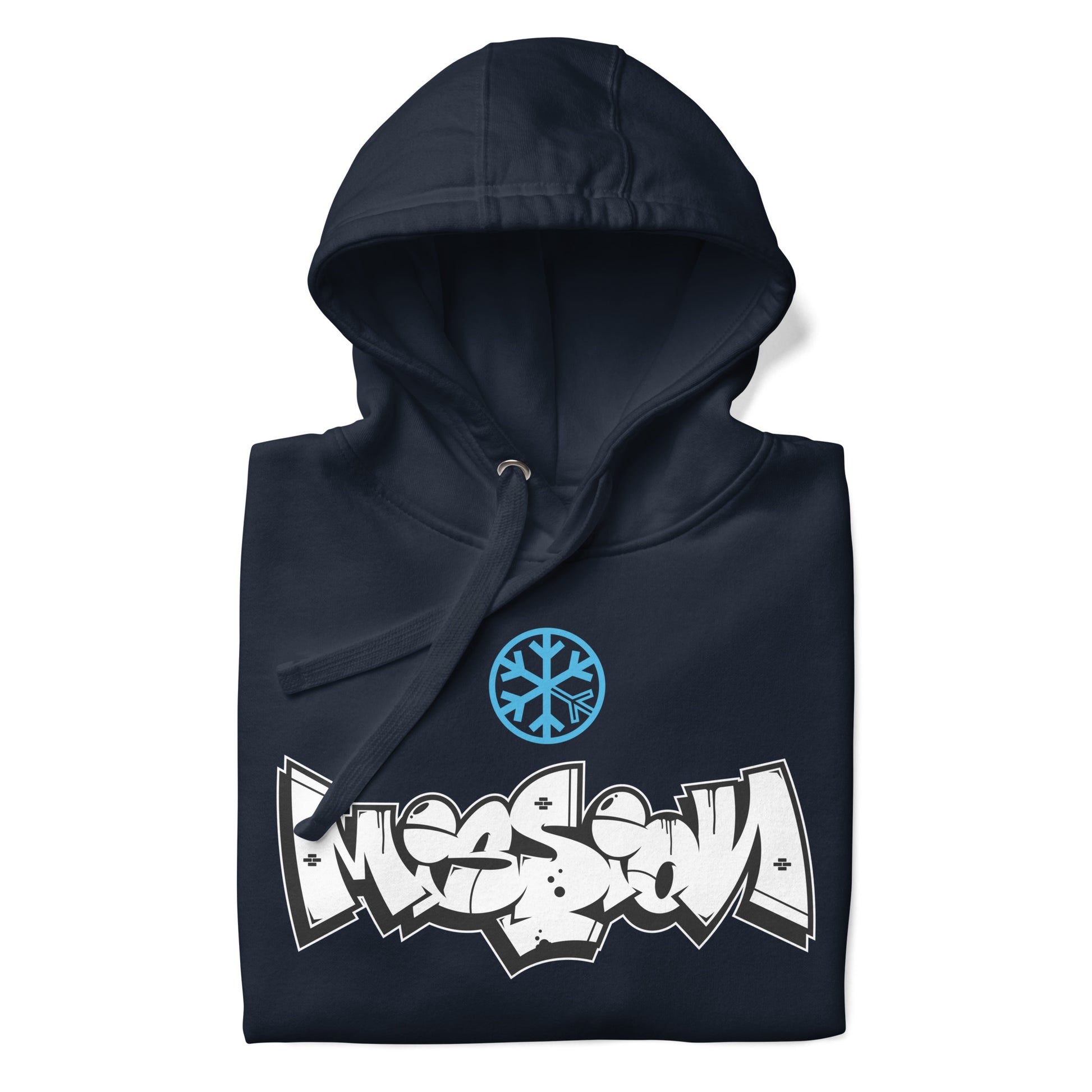 Navy-Mission Graffiti Piece Hoodie from B.Different Clothing, folded, graffiti-inspired streetwear