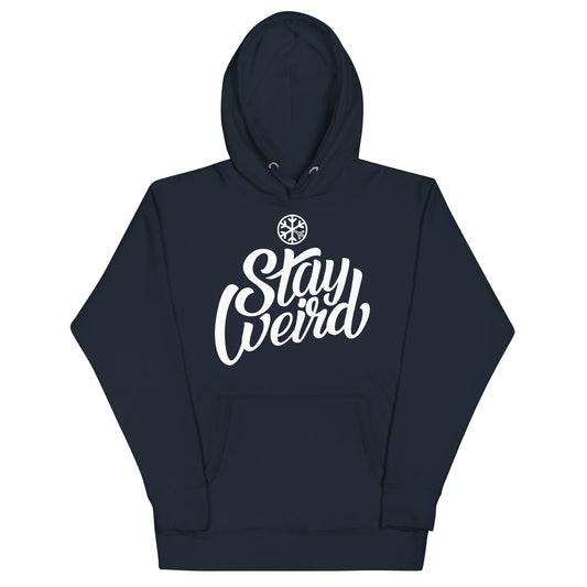 Navy-Stay Weird Hoodie from B.Different Clothing, front view, graffiti-inspired streetwear