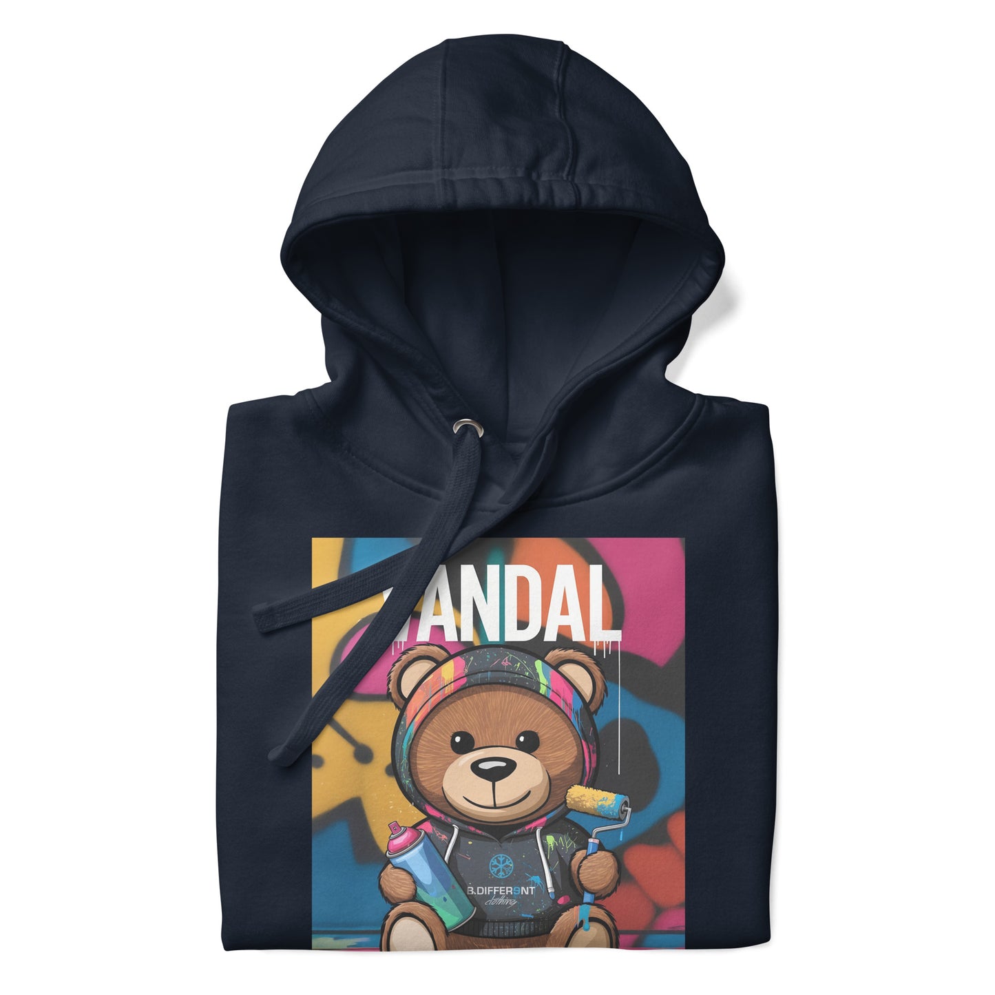 Navy-Vandal Teddy Bear Graffiti Hoodie from B.Different Clothing, folded, graffiti-inspired streetwear