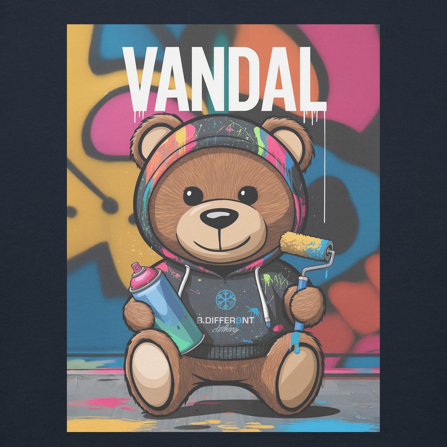 Navy-Vandal Teddy Bear Graffiti Hoodie from B.Different Clothing, graphic, graffiti-inspired streetwear
