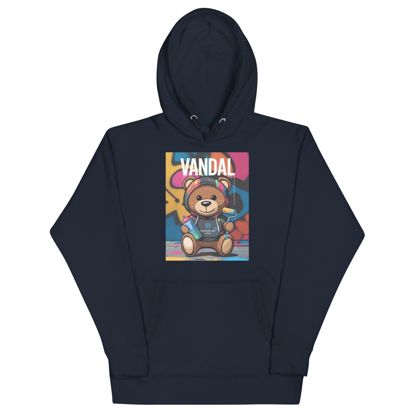 Navy-Vandal Teddy Bear Graffiti Hoodie from B.Different Clothing, front view, graffiti-inspired streetwear