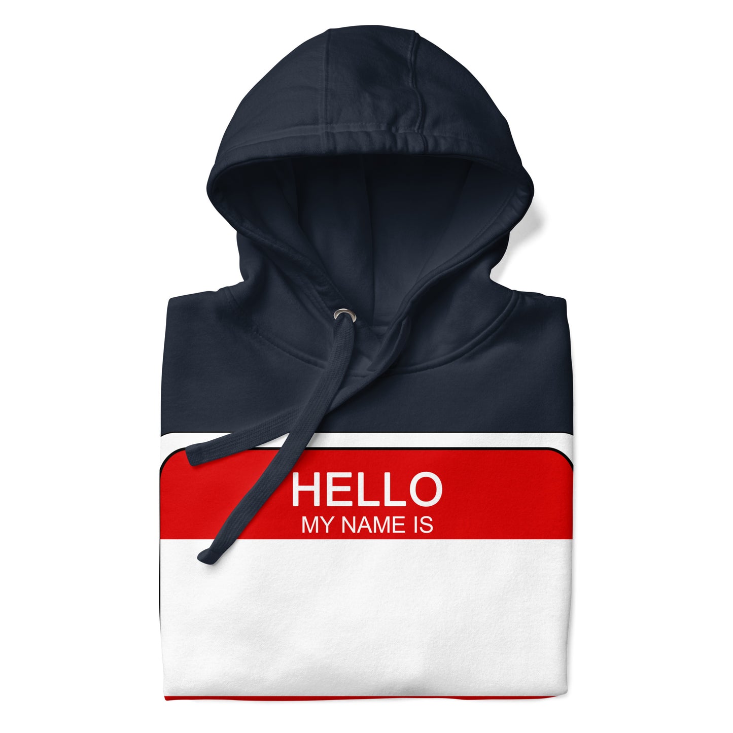 Navy-Hello My Name Is Sticker Graffiti Hoodie from B.Different Clothing, folded, graffiti-inspired streetwear