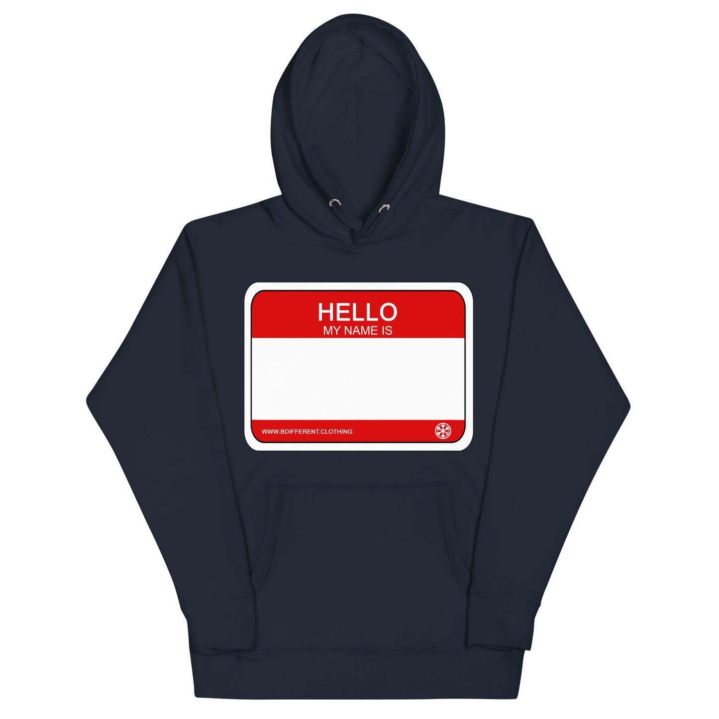 Navy-Hello My Name Is Sticker Graffiti Hoodie from B.Different Clothing, front view, graffiti-inspired streetwear