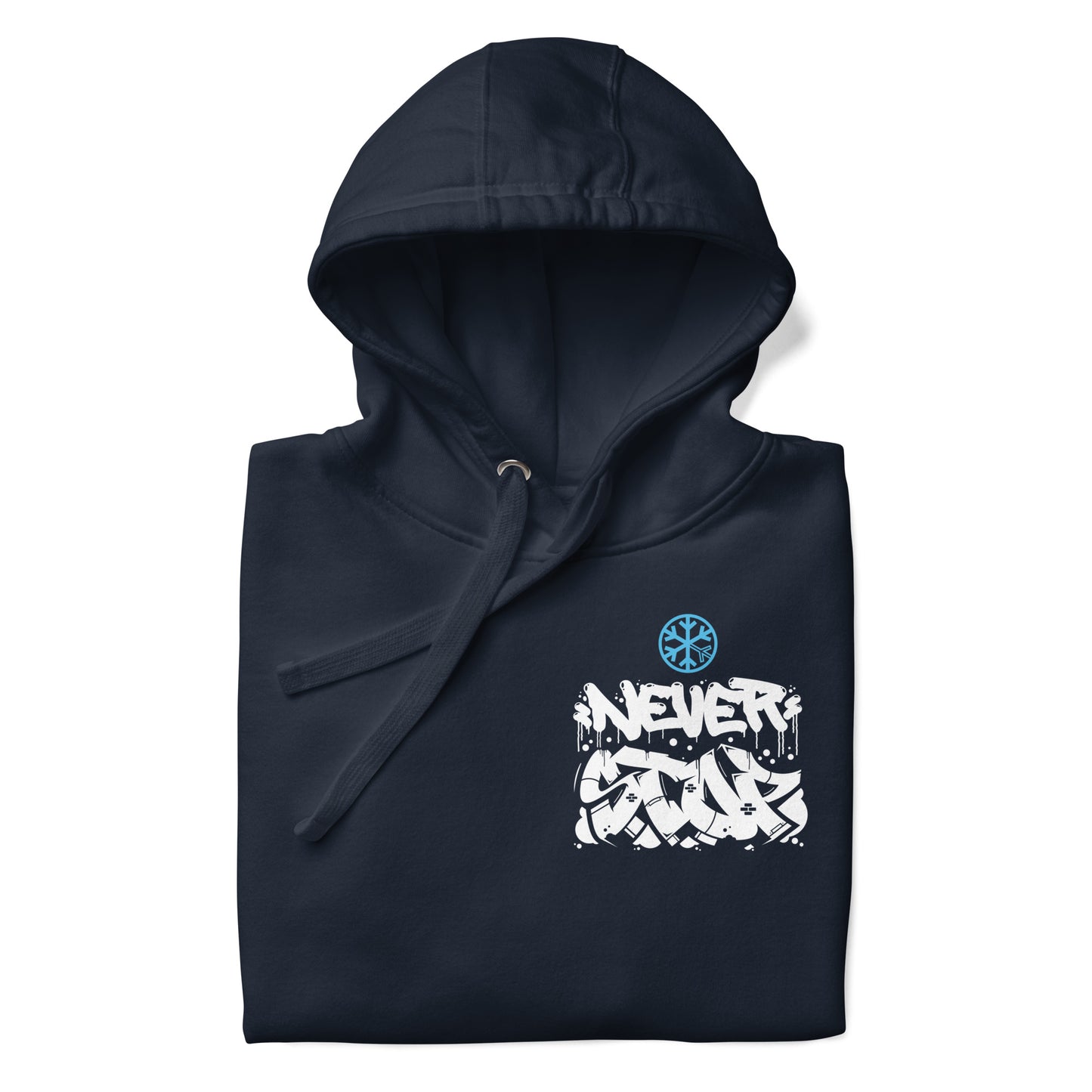 Navy-Never Stop Graffiti Character Hoodie from B.Different Clothing, folded, graffiti-inspired streetwear