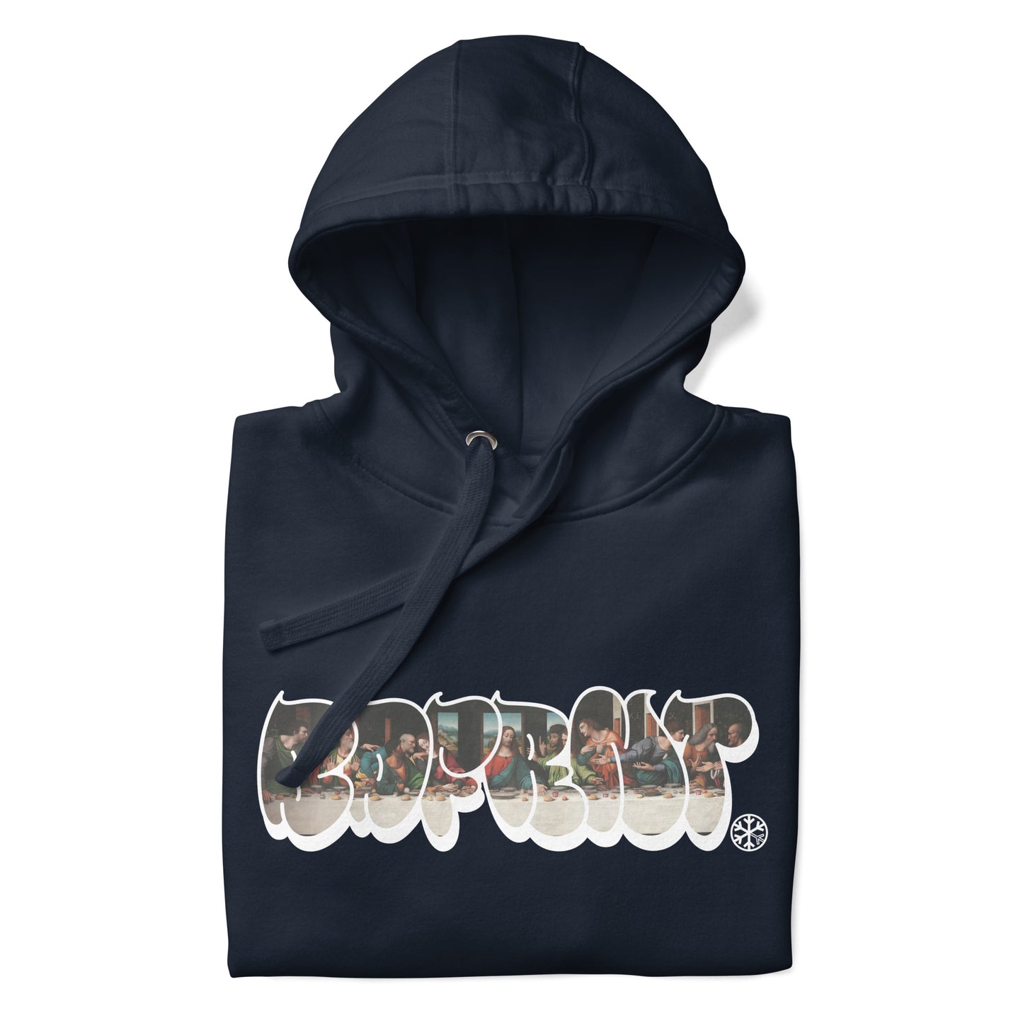 Navy-BDFRNT Throwie x Last Supper Graffiti Hoodie from B.Different Clothing, folded, graffiti-inspired streetwear