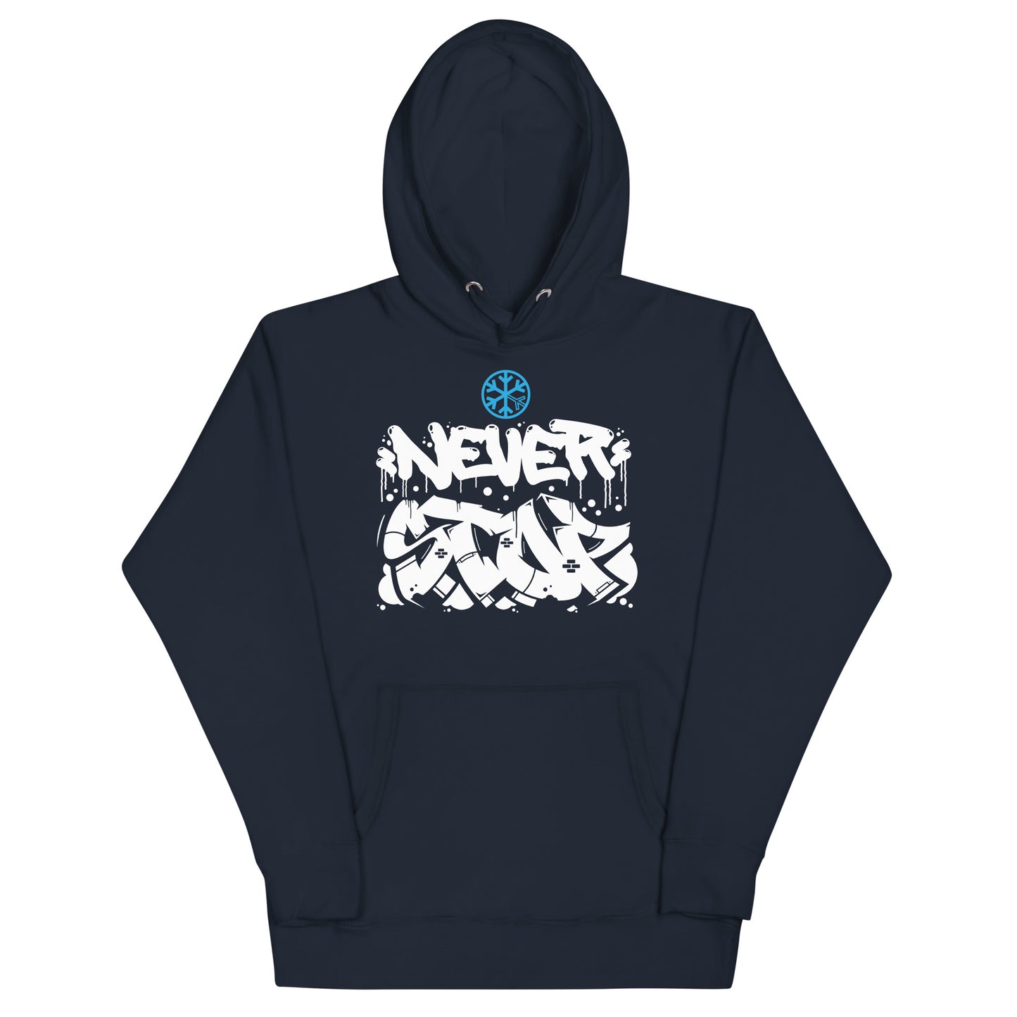 Navy-Never Stop Graffiti Piece Hoodie from B.Different Clothing, front view, graffiti-inspired streetwear