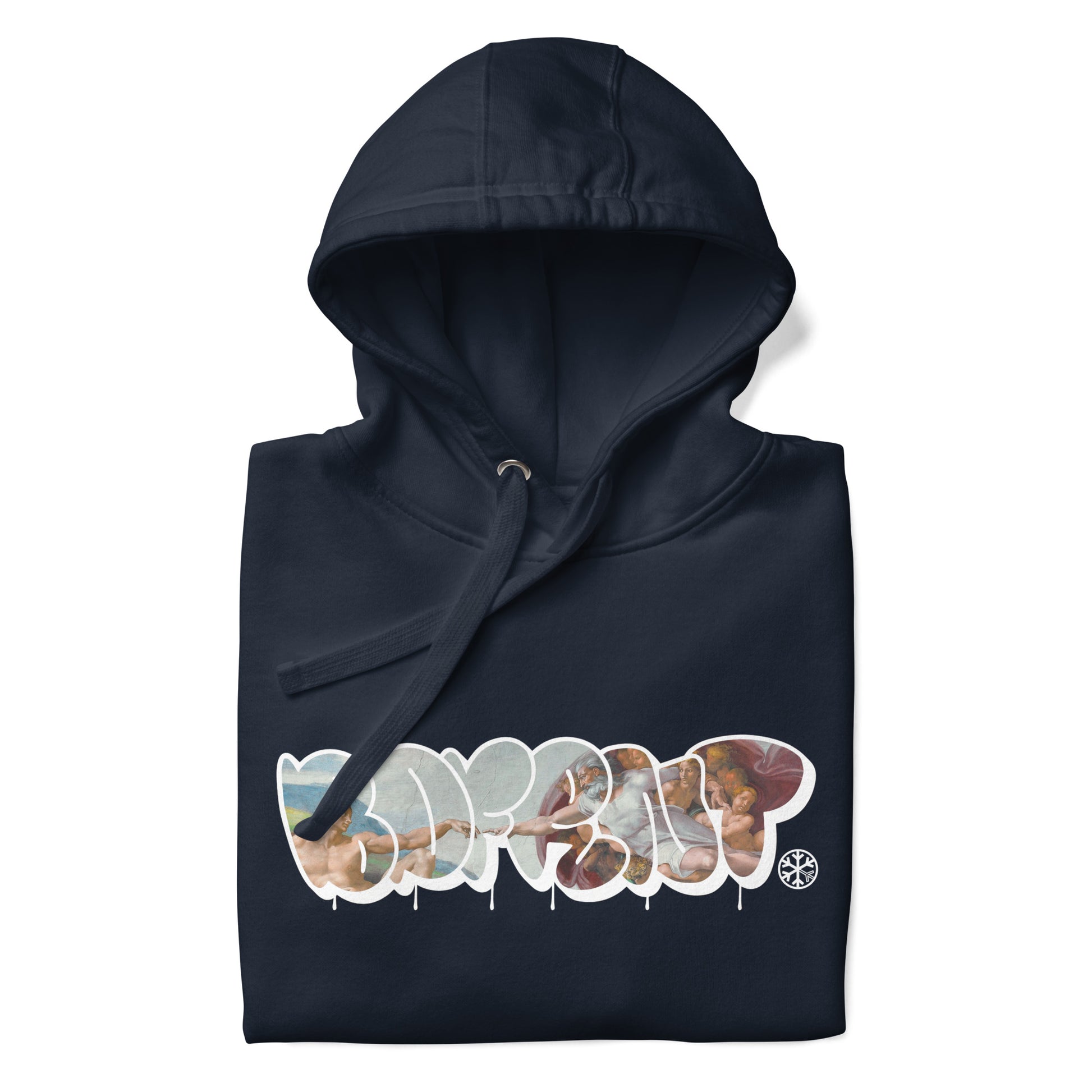 Navy-BDFRNT Throwie x Creation of Adam Graffiti Hoodie from B.Different Clothing, folded, graffiti-inspired streetwear
