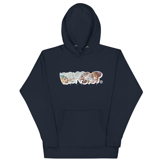 Navy-BDFRNT Throwie x Creation of Adam Graffiti Hoodie from B.Different Clothing, front view, graffiti-inspired streetwear