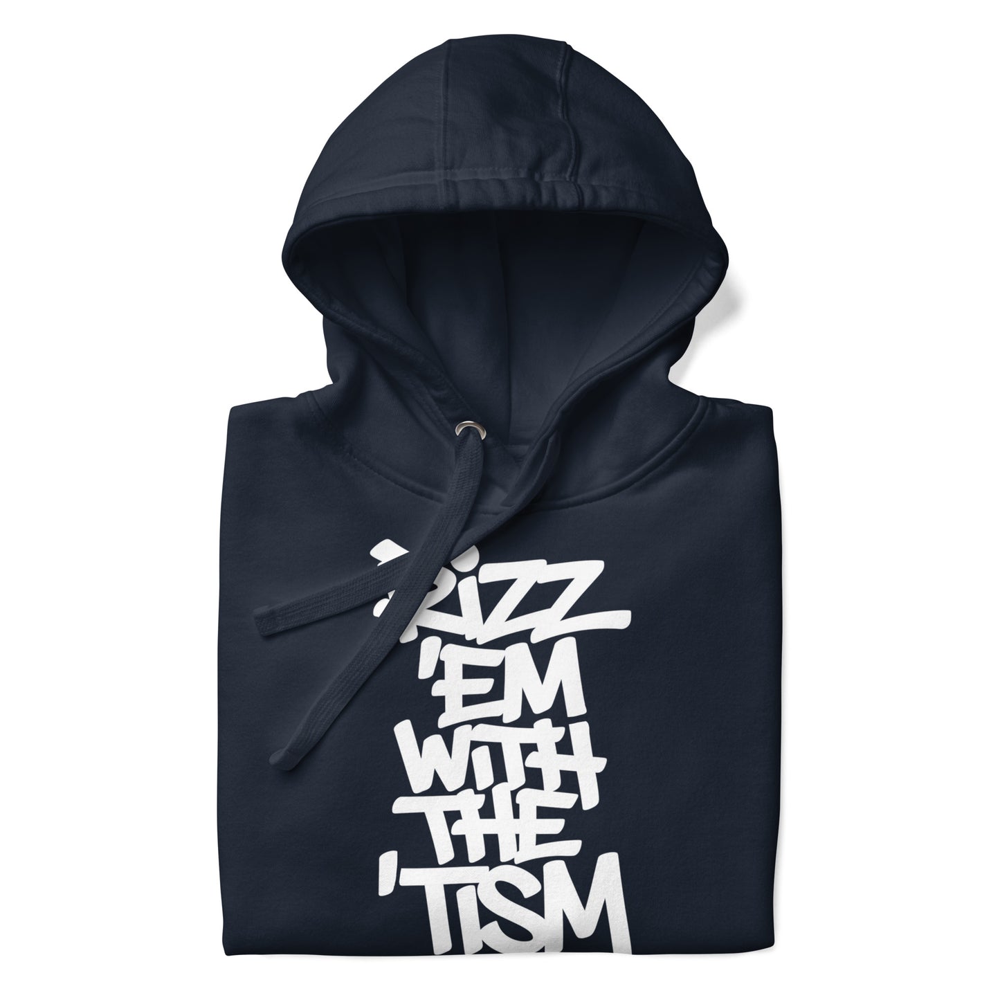 Navy-Rizz 'Em With The 'Tism Graffiti Hoodie from B.Different Clothing, folded, graffiti-inspired streetwear