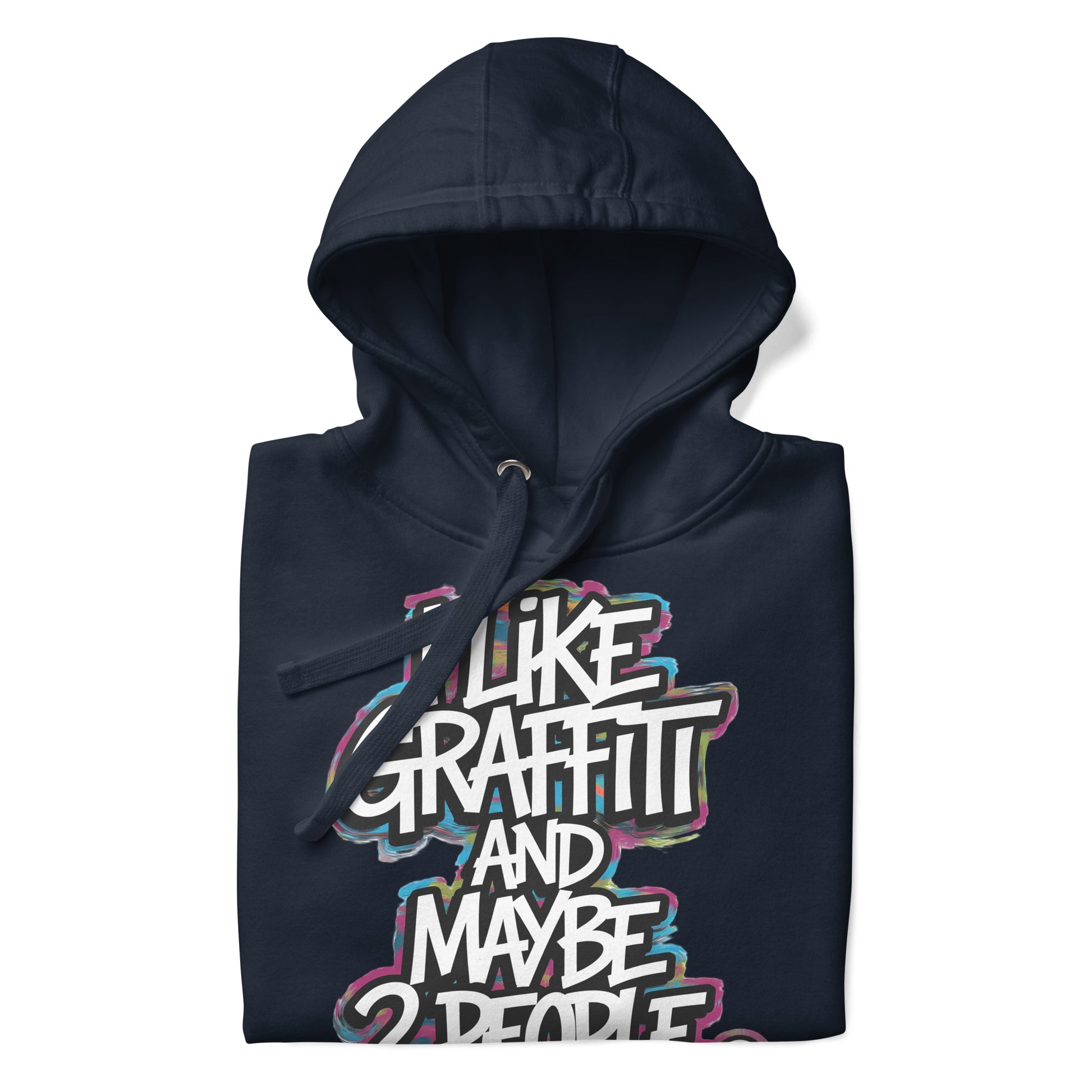 Navy-I Like Graffiti and Maybe 2 People Hoodie from B.Different Clothing, folded, graffiti-inspired streetwear