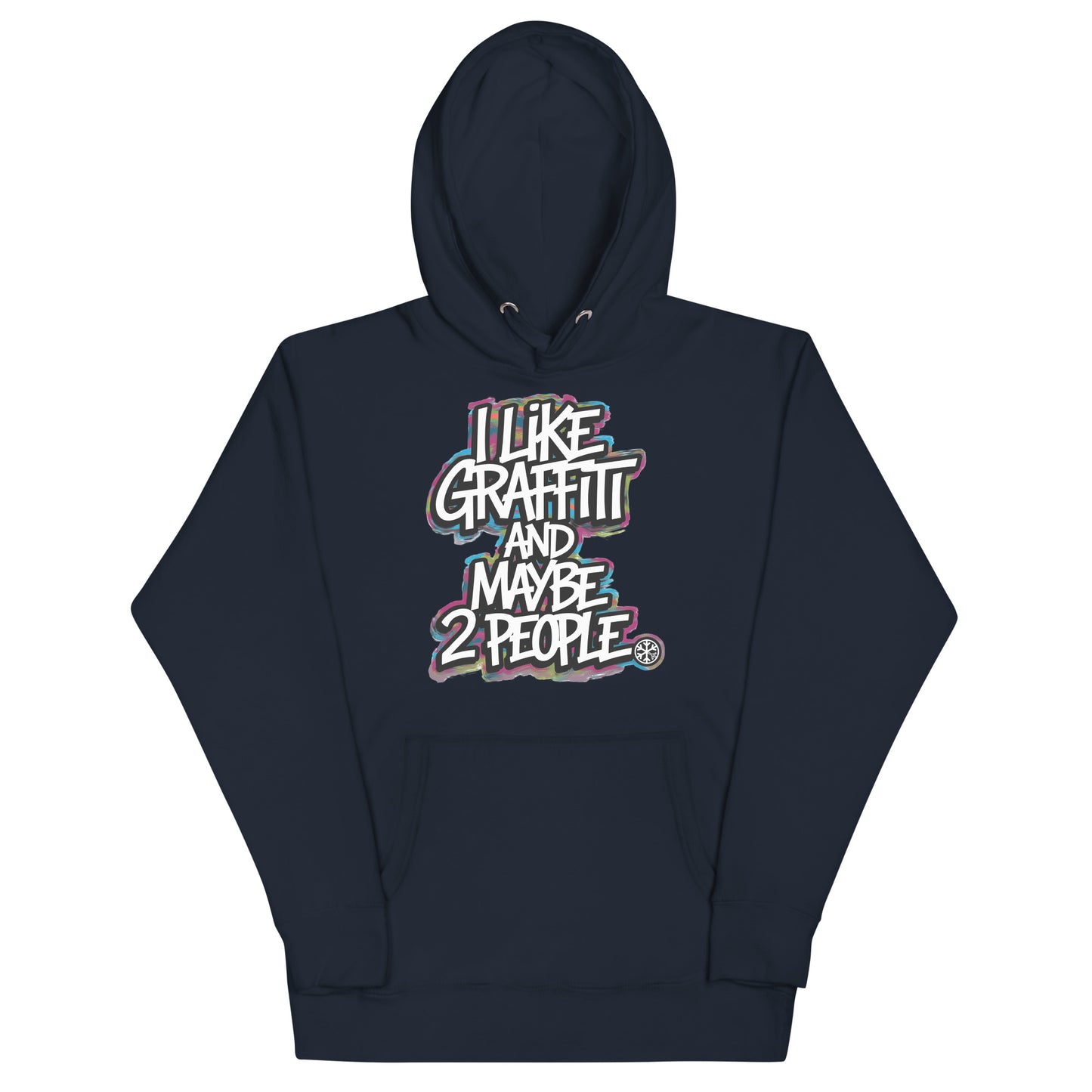 Navy-I Like Graffiti and Maybe 2 People Hoodie from B.Different Clothing, front view, graffiti-inspired streetwear