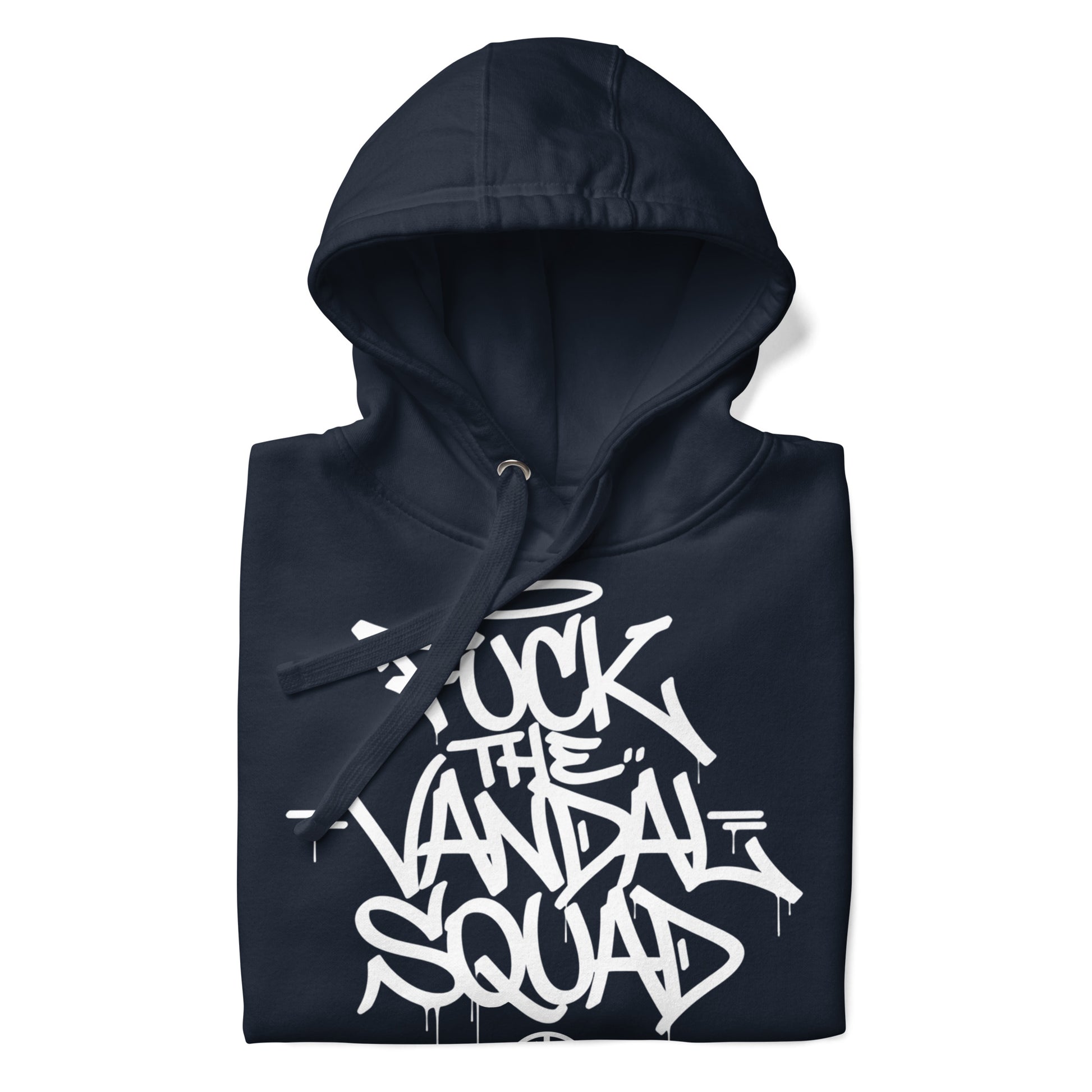 Navy-Fuck The Vandal Squad Graffiti Hoodie from B.Different Clothing, folded, graffiti-inspired streetwear