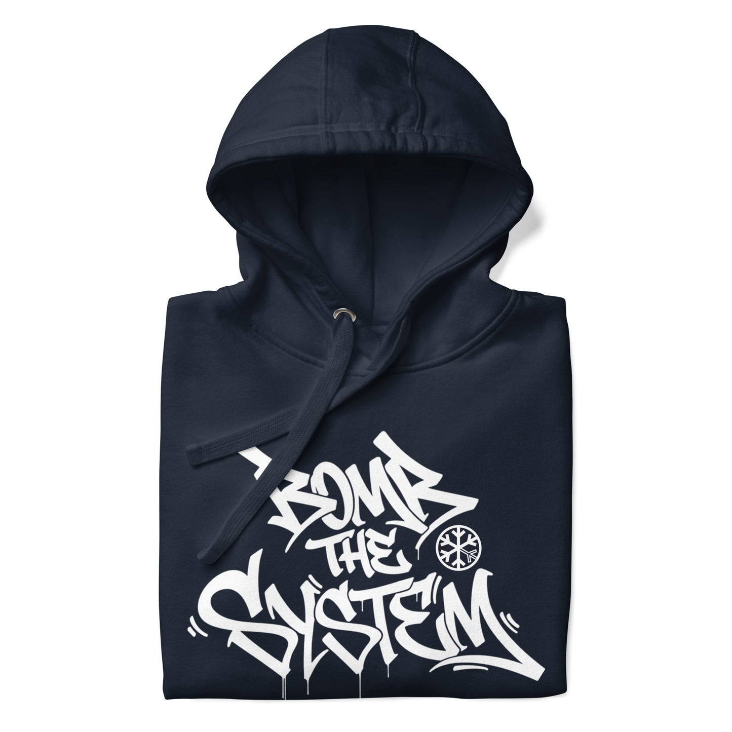 Navy-Bomb The System Graffiti Hoodie from B.Different Clothing, folded, graffiti-inspired streetwear