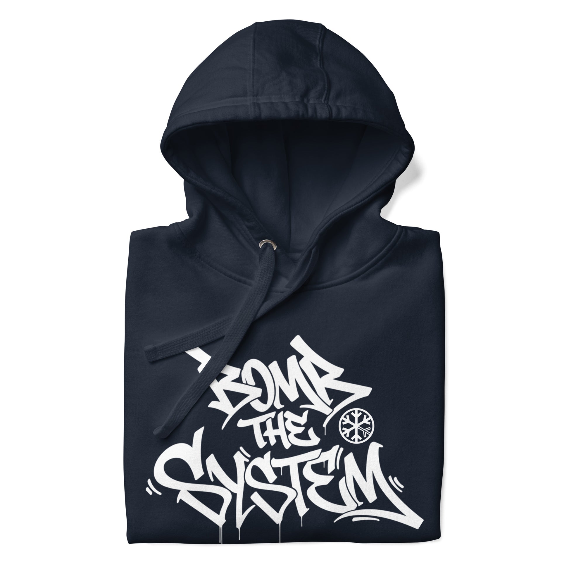 Navy-Bomb The System Graffiti Hoodie from B.Different Clothing, folded, graffiti-inspired streetwear