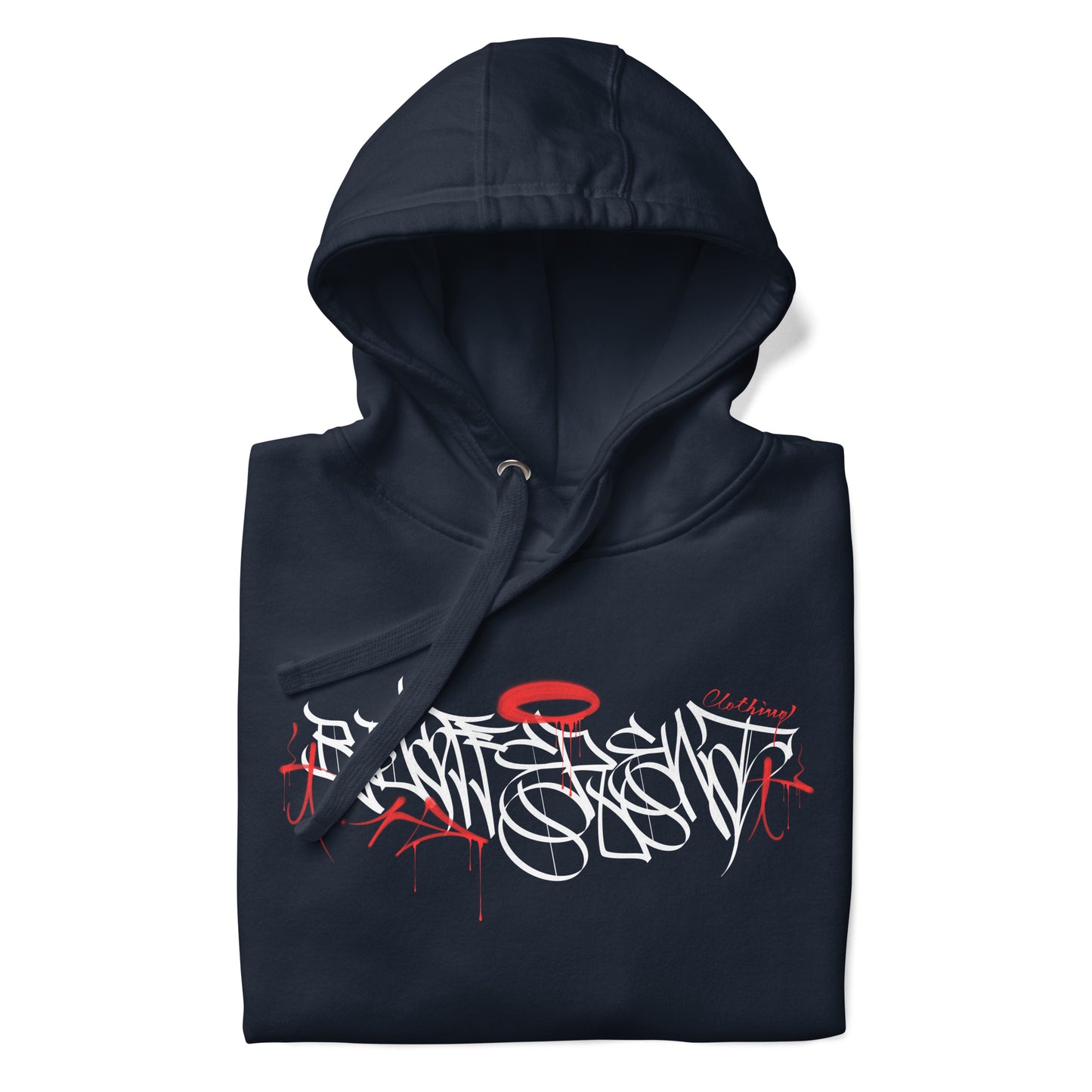 Navy-Caos One Collab Graffiti Hoodie from B.Different Clothing, folded, graffiti-inspired streetwear