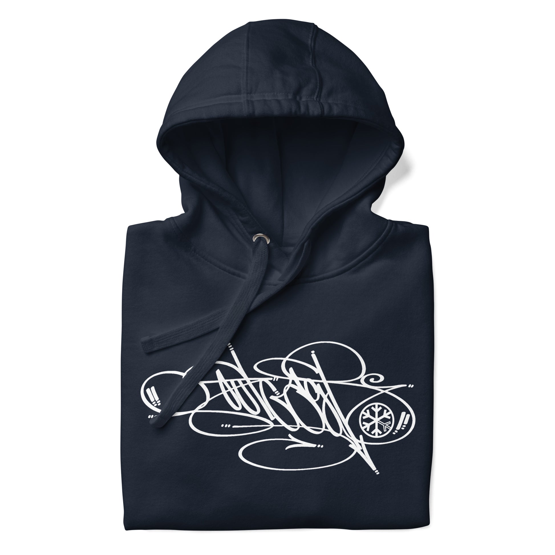 Navy-Outcast Tag Hoodie by Graffiti Dad from B.Different Clothing, folded, graffiti-inspired streetwear