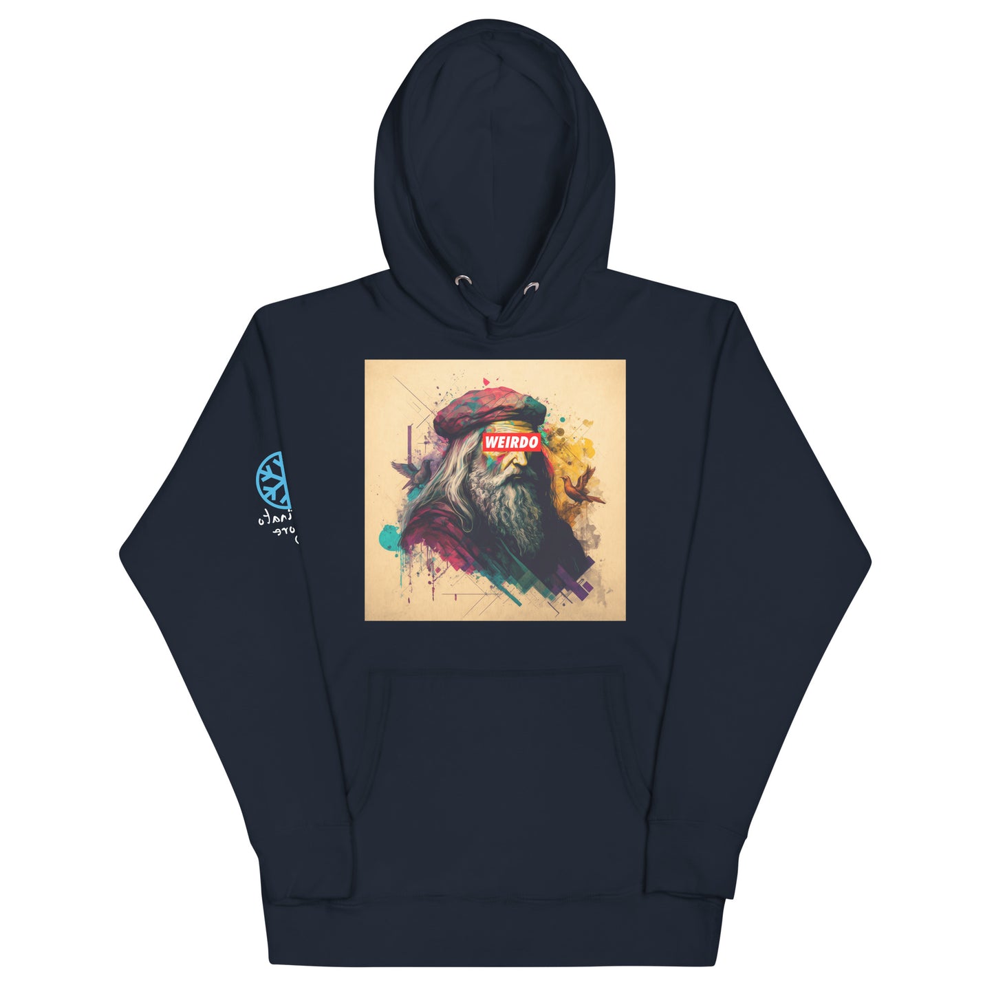 Navy-Leonardo da Vinci Hoodie from B.Different Clothing, front view, graffiti-inspired streetwear