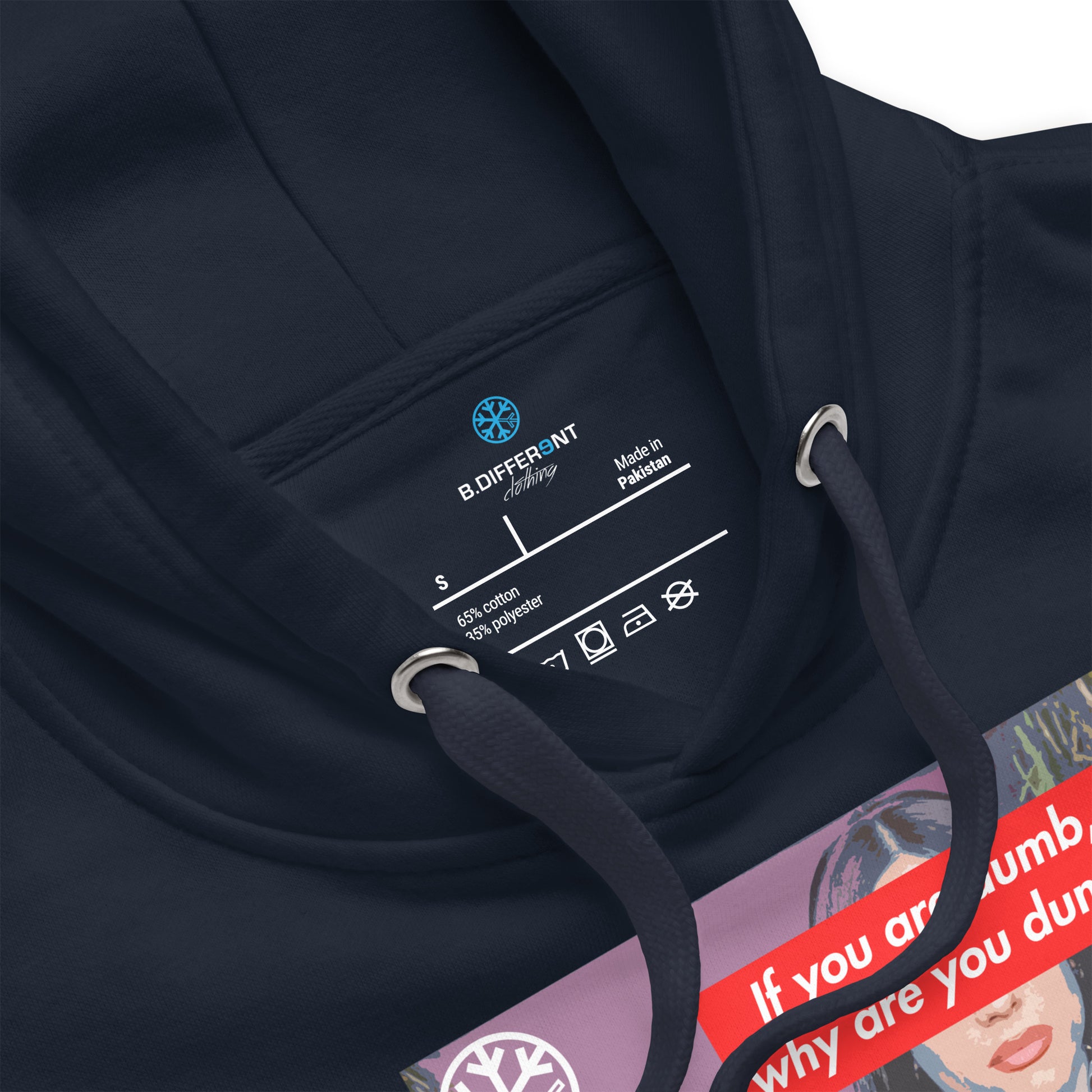 Navy-Why Are You Dumb Hoodie from B.Different Clothing, collar, graffiti-inspired streetwear