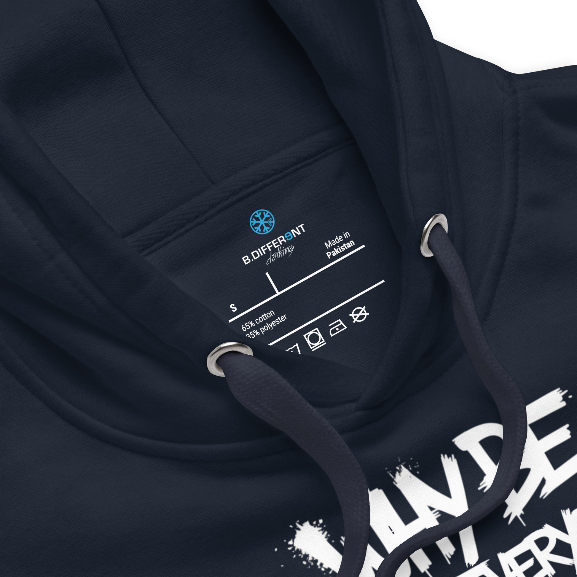 Navy-Chaos They Fear Graffiti Tag Hoodie from B.Different Clothing, collar, graffiti-inspired streetwear