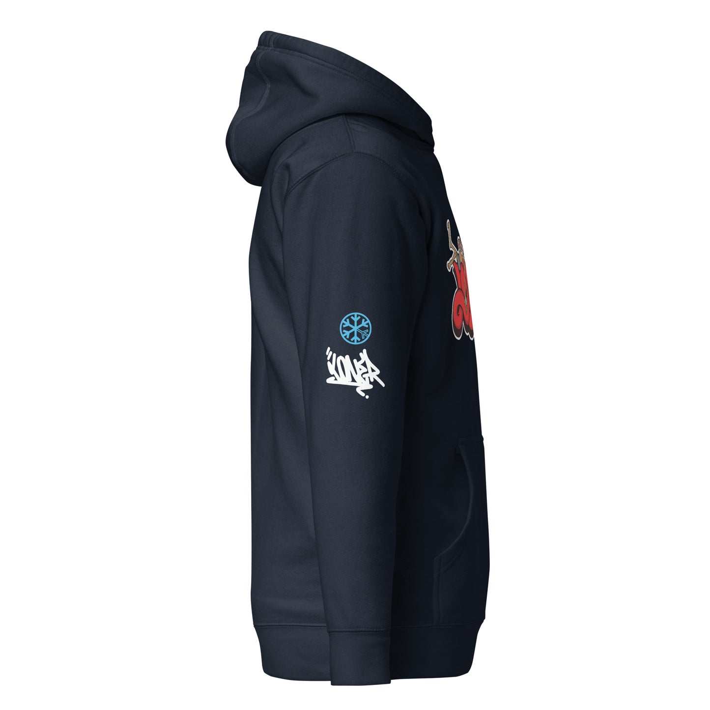 Navy-Loner Graffiti Piece Hoodie from B.Different Clothing, side view, graffiti-inspired streetwear