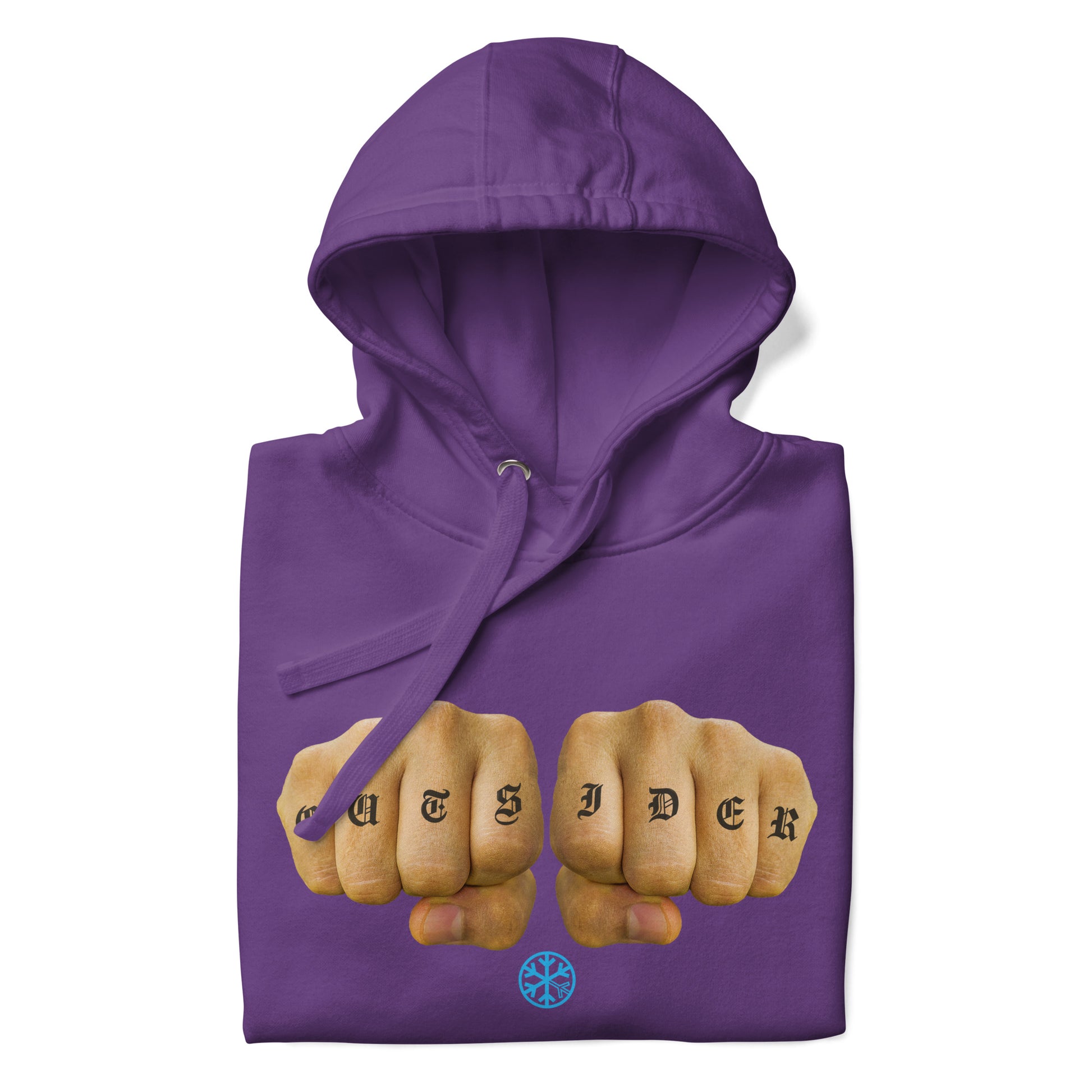 Purple-Outsider Tattoo Hoodie from B.Different Clothing, folded, graffiti-inspired streetwear