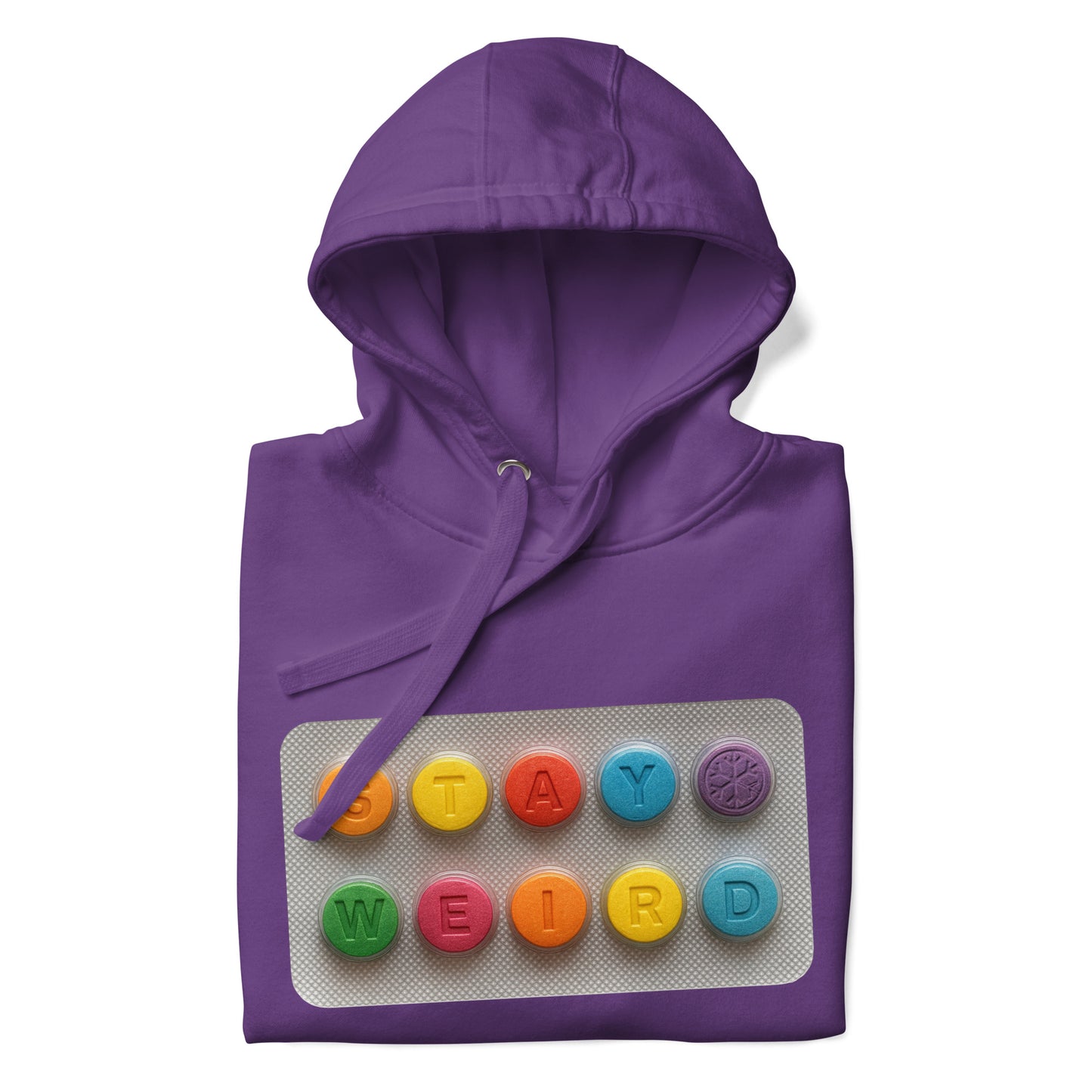 Purple-Stay Weird Pills Hoodie from B.Different Clothing, folded, graffiti-inspired streetwear