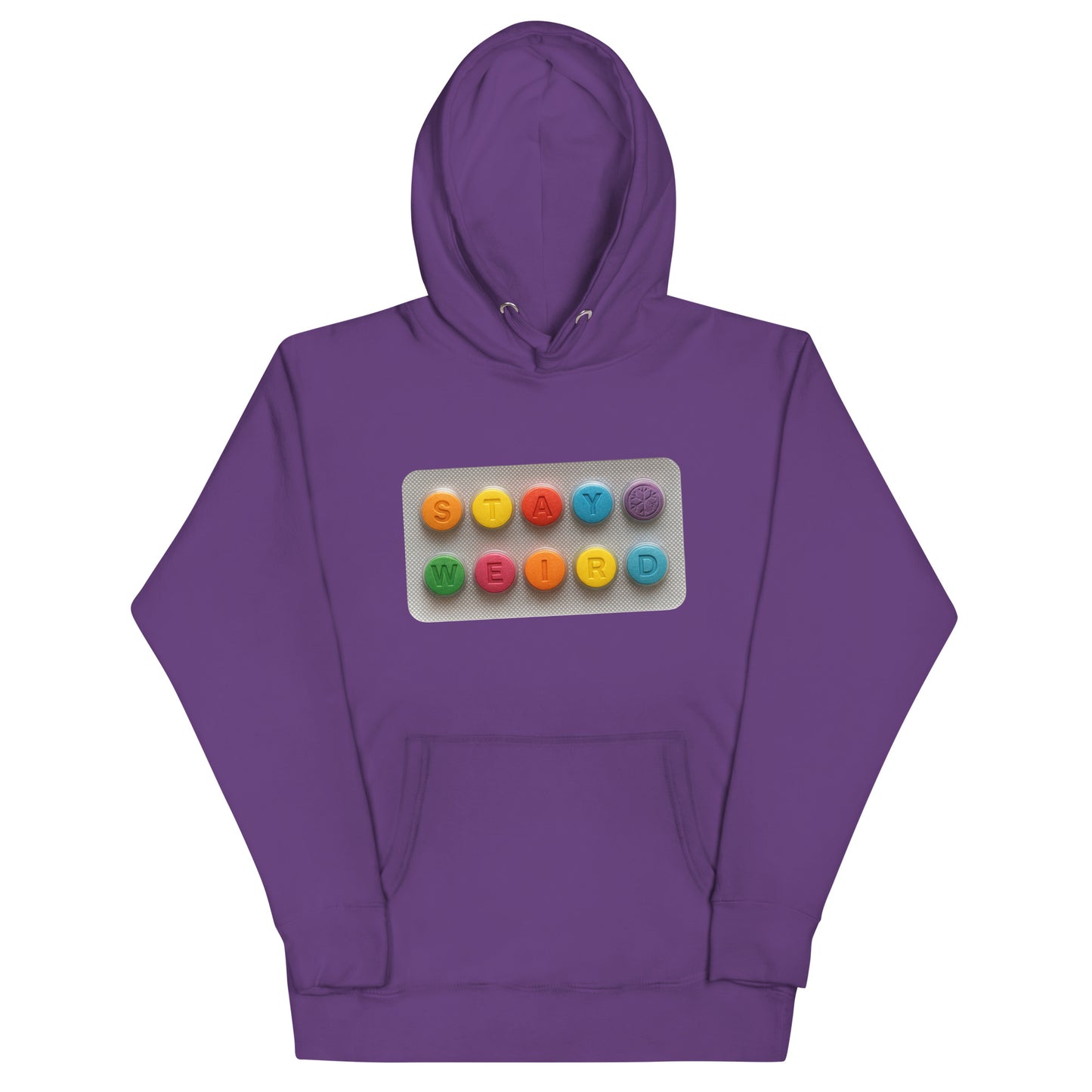 Purple-Stay Weird Pills Hoodie from B.Different Clothing, front view, graffiti-inspired streetwear