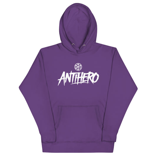 Purple-Antihero Graffiti Tag Hoodie from B.Different Clothing, front view, graffiti-inspired streetwear