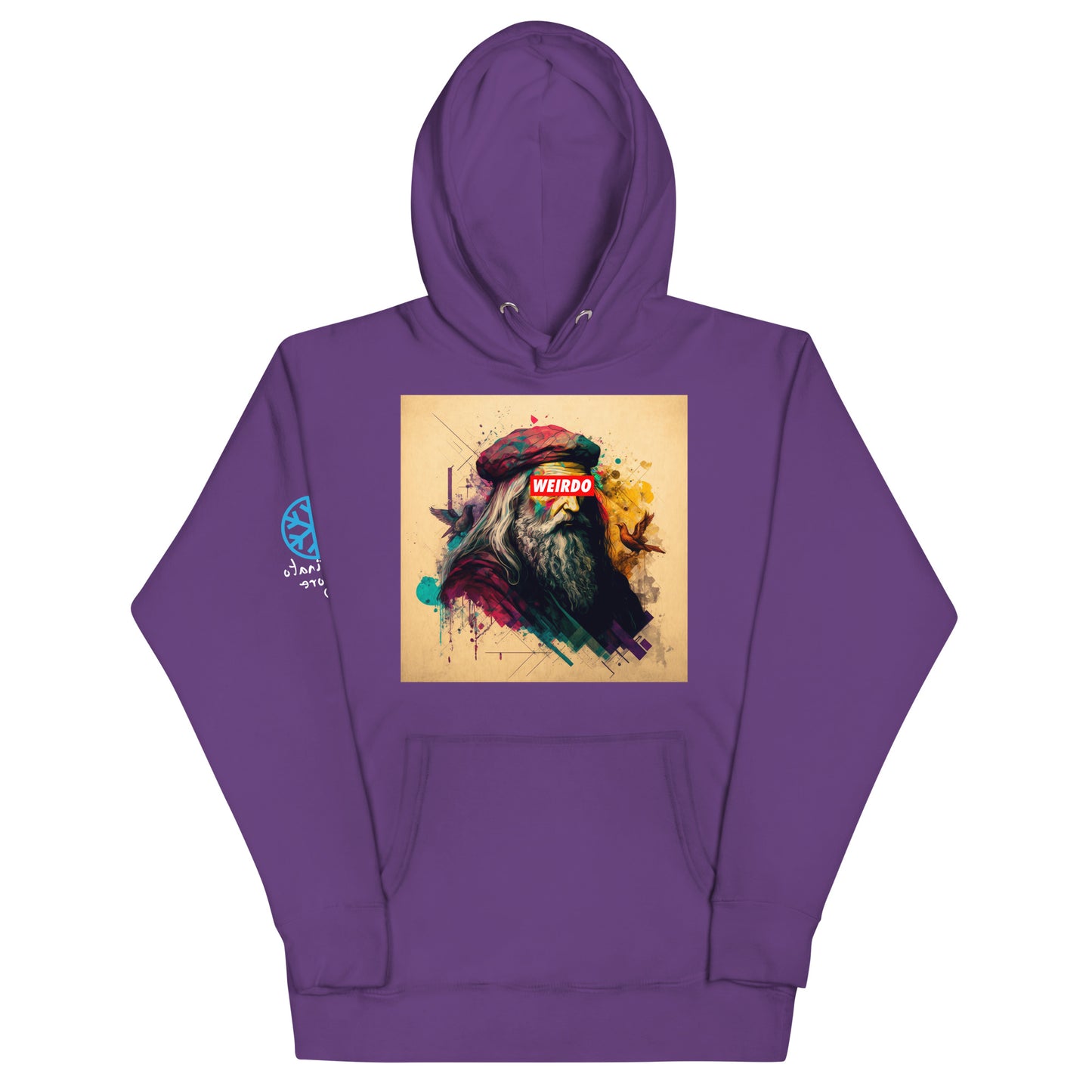 Purple-Leonardo da Vinci Hoodie from B.Different Clothing, front view, graffiti-inspired streetwear