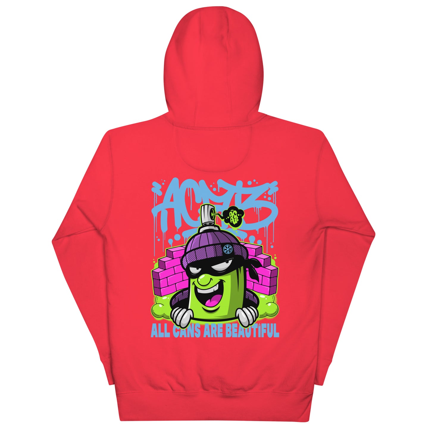 Red-ACAB Graffiti Character Hoodie from B.Different Clothing, back view, graffiti-inspired streetwear