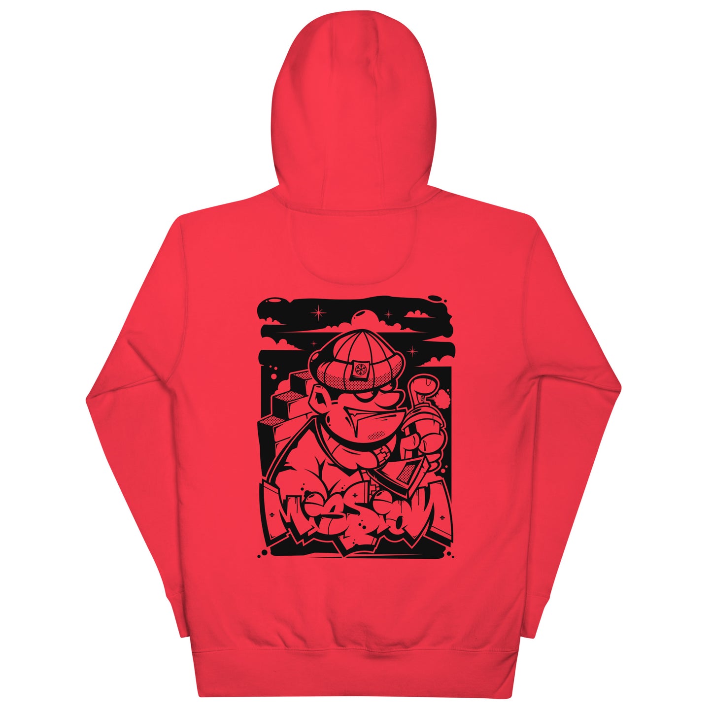 Red-Mission Graffiti Character Hoodie from B.Different Clothing, back view, graffiti-inspired streetwear