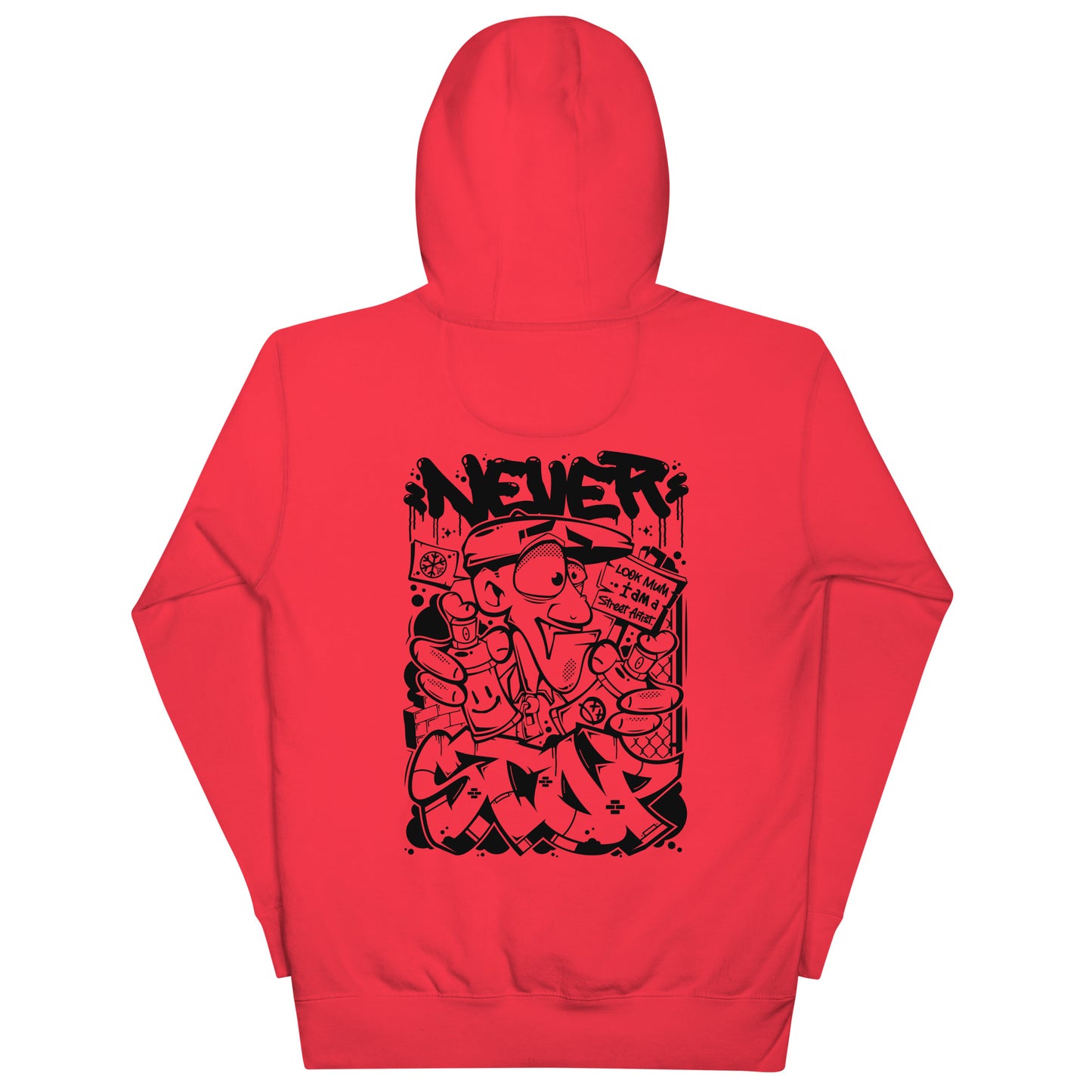 Red-Never Stop Graffiti Character Hoodie from B.Different Clothing, back view, graffiti-inspired streetwear